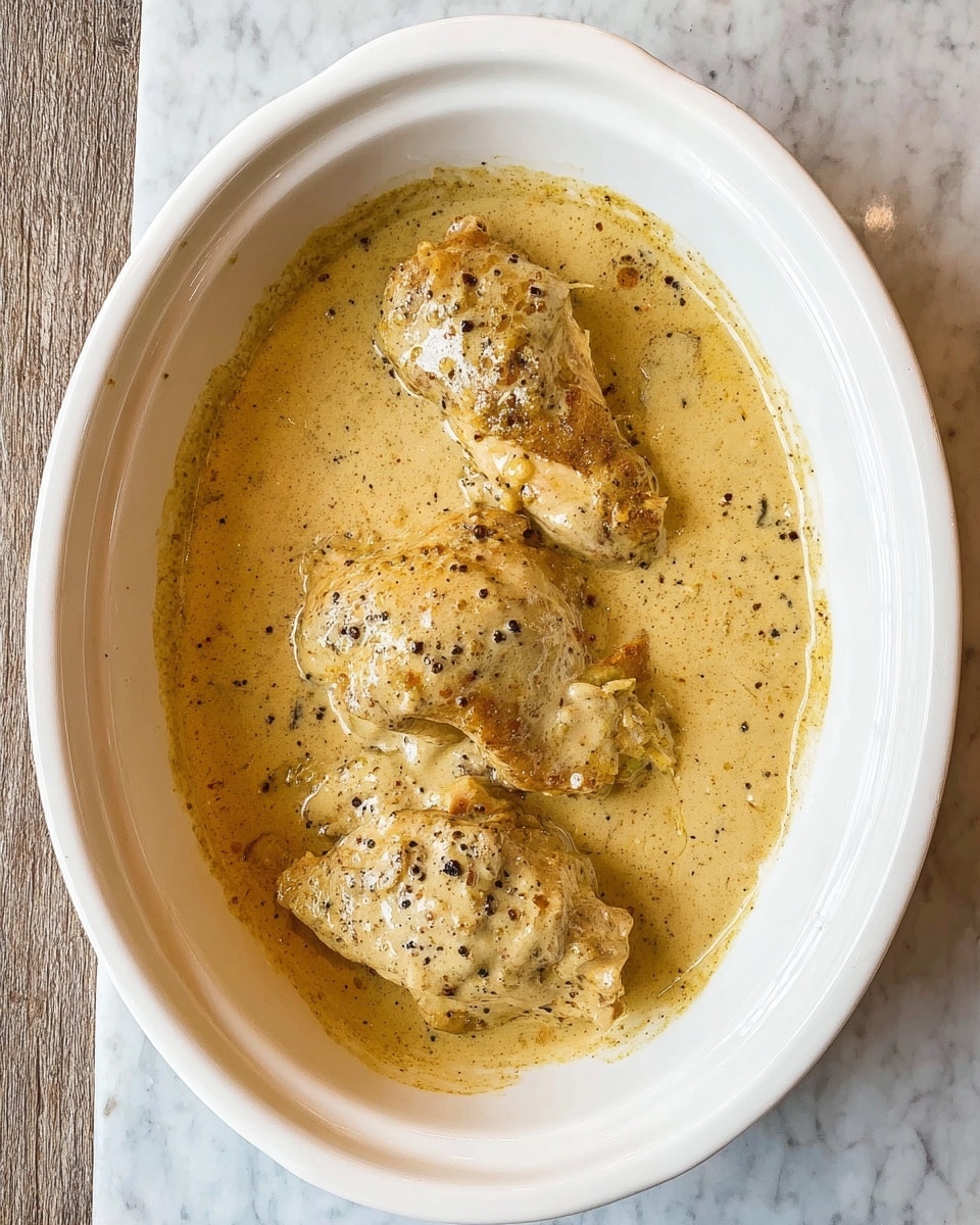 A white oval dish holds three pieces of light brown chicken that are partially covered with a thick, creamy beige sauce speckled with black pepper. The sauce layers over each chicken piece, creating a smooth, slightly glossy texture. The dish sits on a white marbled surface, adding contrast to the warm colors of the food. photo taken with an iphone --ar 4:5 --v 7