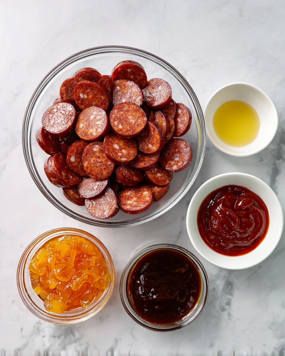 A large clear glass bowl filled with many slices of reddish-brown smoked sausage with visible white bits inside sits on a white marbled surface. Above it, a small white bowl holds pale yellow oil. To the right, a white bowl contains thick dark brown BBQ sauce, below it a smaller clear glass bowl with bright red chili sauce, and next to that, another clear glass bowl filled with shiny orange jam. Each ingredient is neatly separated and shown from above. Photo taken with an iphone --ar 4:5 --v 7