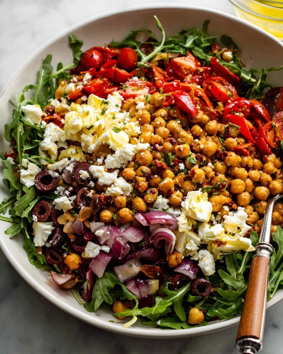 A large white bowl filled with a colorful layered salad starts with a base of dark green arugula leaves. On top of this, there is a thick layer of light brown chickpeas mixed with small pieces of purple red onion and sliced black olives. Bright red cherry tomatoes and strips of roasted red peppers are scattered evenly throughout. The salad is topped with white crumbled cheese and chunks of pale yellow artichoke hearts. There is a silver spoon with a wooden handle resting on the side of the bowl, and the bowl is set on a white marbled surface. photo taken with an iphone --ar 4:5 --v 7