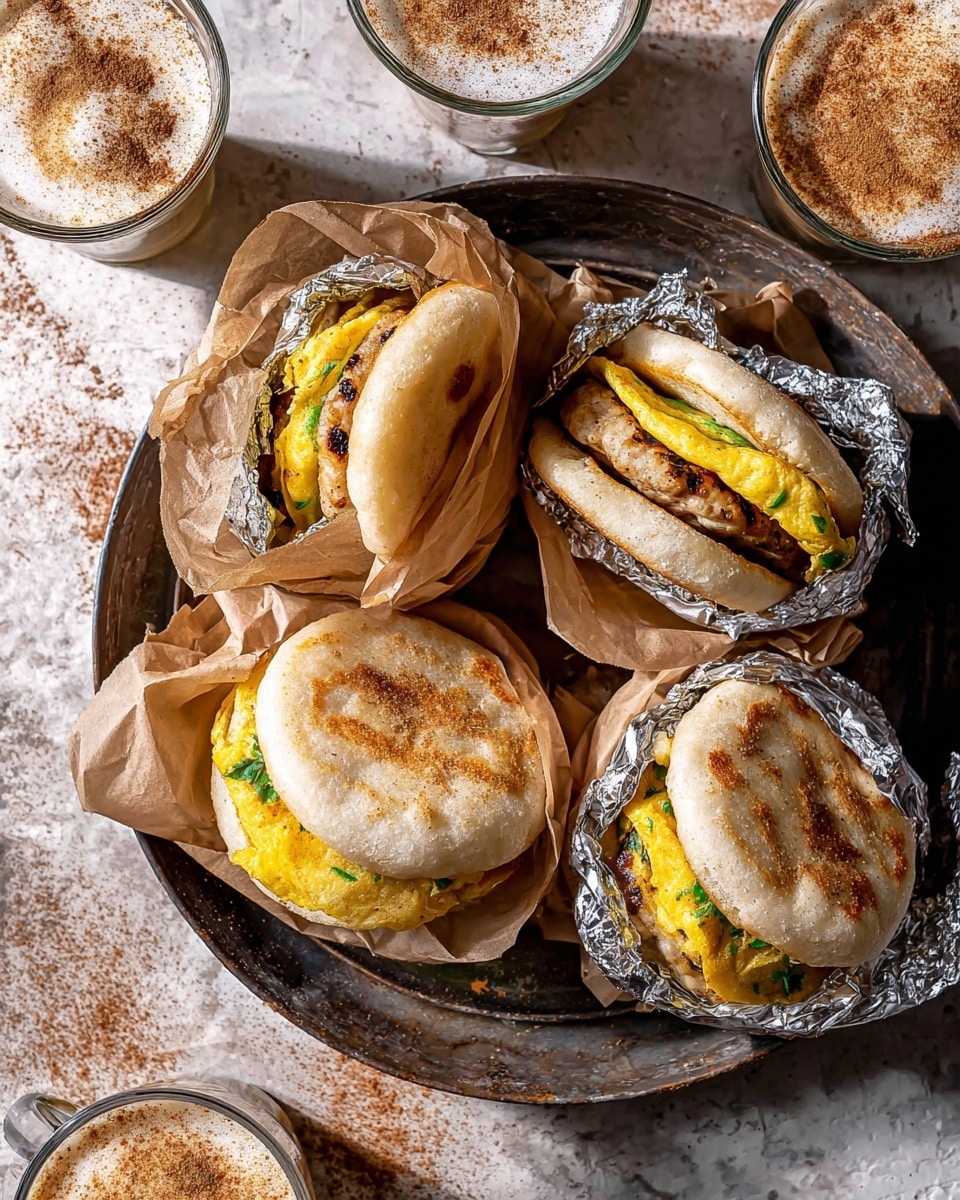 The image shows four breakfast sandwiches placed on a round dark metal tray with a worn look, surrounded by a white marbled textured surface. Each sandwich is wrapped partly in crumpled brown parchment paper and shiny silver foil. The sandwiches have three main layers: the bottom layer is a toasted light beige English muffin that looks soft but slightly crisp, the middle layer is a bright yellow folded egg patty with visible green herbs, and the top layer is a light brown grilled chicken patty with clear grill marks and juicy texture, all topped with the muffin's toasted golden-brown top half. Around the tray, there are three clear glass mugs of frothy cappuccino sprinkled with cinnamon. photo taken with an iphone --ar 4:5 --v 7