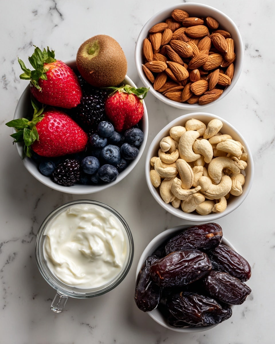 The image shows four groups of food items on a white marbled surface. In the top right, a white bowl filled with two layers of nuts: dark brown almonds on the top half and light beige cashews on the bottom half. Below this bowl, slightly to the right, is another white bowl filled with dark brown dates, their wrinkled texture clearly visible. To the left of these bowls, a cluster of fruit including bright red strawberries with green leaves, dark purple-black blackberries, two brown fuzzy kiwis, and a small white bowl full of dark blue blueberries sits close together. At the bottom left, a white measuring cup with the label “1 CUP” holds thick, creamy white Greek yogurt with a smooth texture. The labels 