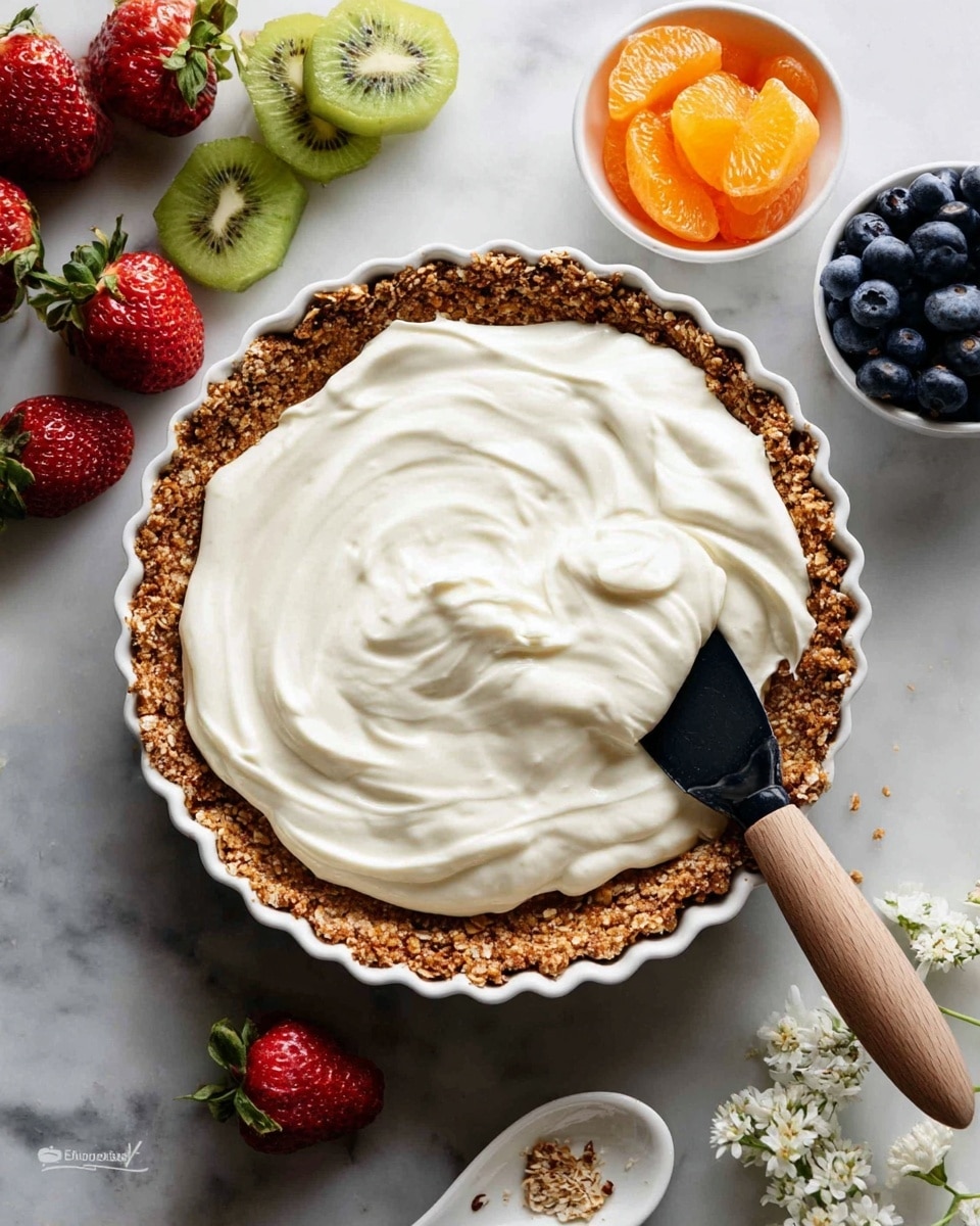 The image shows a tart with two main layers: the bottom layer is a thick, coarse, brown crust that looks like it is made from nuts or oats with a crumbly texture, and the top layer is a thick, smooth, white cream spread evenly but with some swirls. A black spatula with a wooden handle is spreading the white cream. The tart is in a white fluted tart pan, resting on a white marbled surface. Around the tart, there are whole strawberries with green tops, slices of green kiwi, a white small bowl filled with blueberries, a white spoon containing orange segments, and some small white flowers placed near the bottom right corner. Photo taken with an iphone --ar 4:5 --v 7