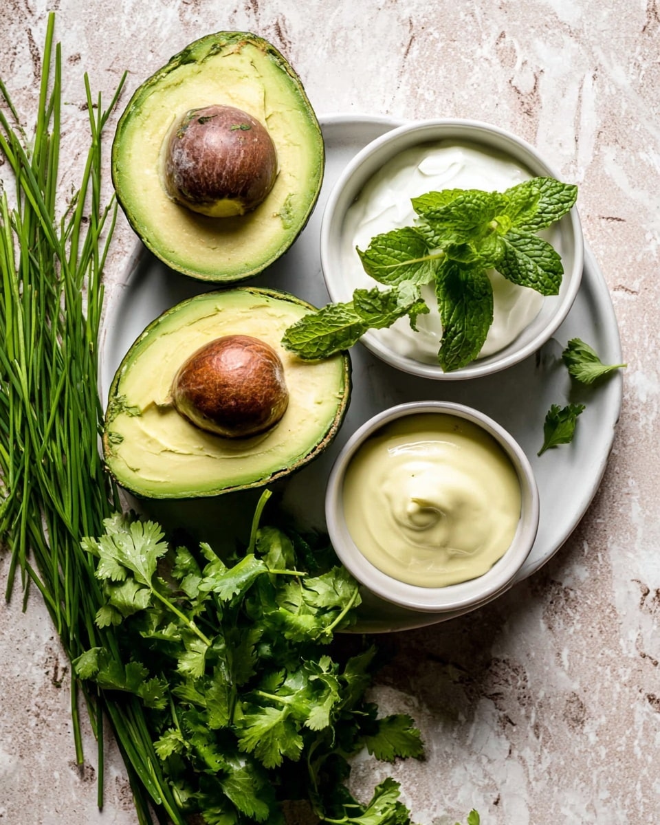 Two avocado halves are placed on a white marbled surface, one with the large brown seed inside and the other empty with a smooth yellow-green texture. A small bunch of green mint leaves rests across one avocado. On a white round plate, there are two white bowls, one filled with a thick white creamy sauce topped with bright green basil leaves, and the other holding a light yellow thick sauce. Fresh green herbs like cilantro and chives surround the plate, creating a fresh and vibrant look. Photo taken with an iphone --ar 4:5 --v 7