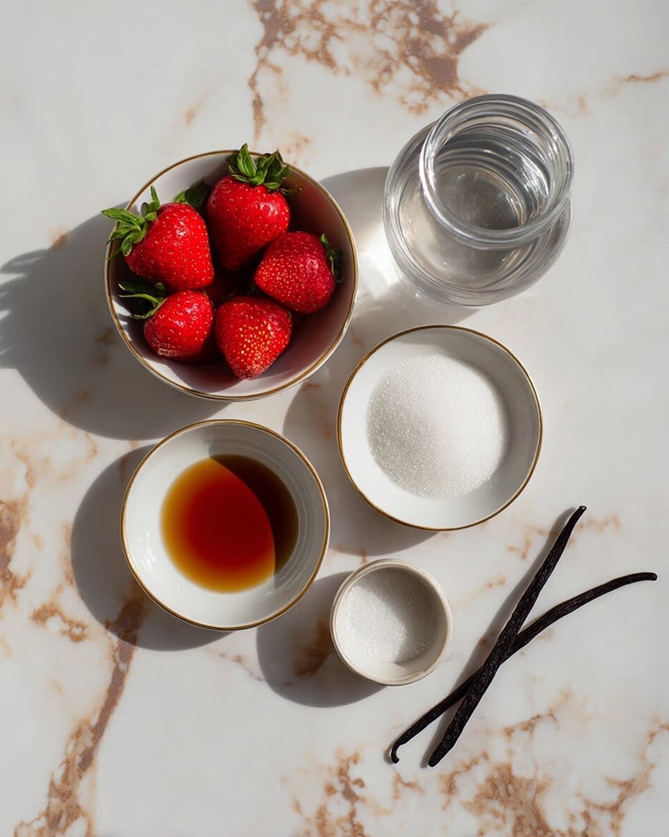 The image shows five small white bowls arranged on a white marbled surface with brown patterns. The top left bowl contains seven fresh red strawberries with green leaves. To the right, there is a clear glass jar filled with water. Below the strawberries, a bowl holds a dark amber liquid, likely vanilla extract. In the center bottom, a bowl is filled with white granulated sugar, and on the bottom right, a bowl contains two long black vanilla pods resting inside. The overall color contrast is bright with natural light casting soft shadows. photo taken with an iphone --ar 4:5 --v 7
