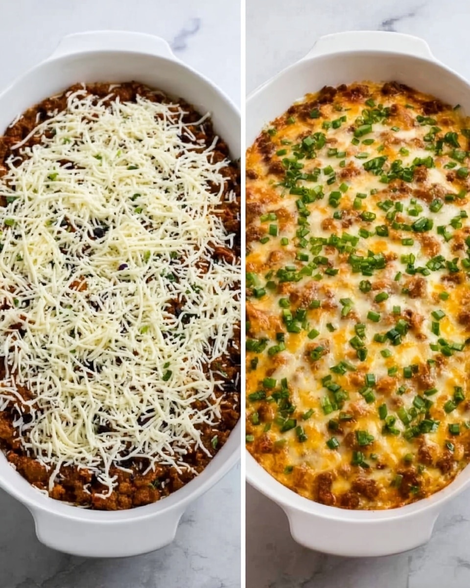 The image shows a white oval dish with two close-up shots side by side. On the left side, the dish is filled with a layer of brown cooked meat topped with a thick layer of shredded white cheese and small dark brown bits spread evenly. On the right side, the same dish is shown after baking, with the cheese melted and browned slightly, covering the meat and topped with small pieces of bright green chopped herbs scattered all over. The dish sits on a white marbled surface. Photo taken with an iphone --ar 4:5 --v 7