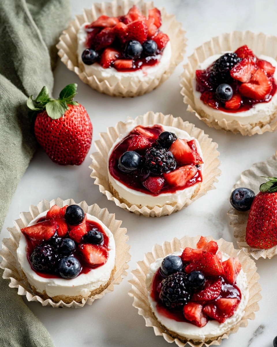 The image shows six small desserts placed separately inside beige crinkly paper liners on a white marbled surface. Each dessert has three visible layers: a bottom light tan crust, a middle thick white cream layer, and a top layer of glossy red fruit topping with whole blackberries, blueberries, and chopped strawberries. The fruit topping looks bright and shiny, with some pieces sitting upright. There are loose fresh strawberries with green leaves near a folded olive-green cloth on the left side of the image. The bright colors contrast with the soft cream and paper liner textures. Photo taken with an iphone --ar 4:5 --v 7
