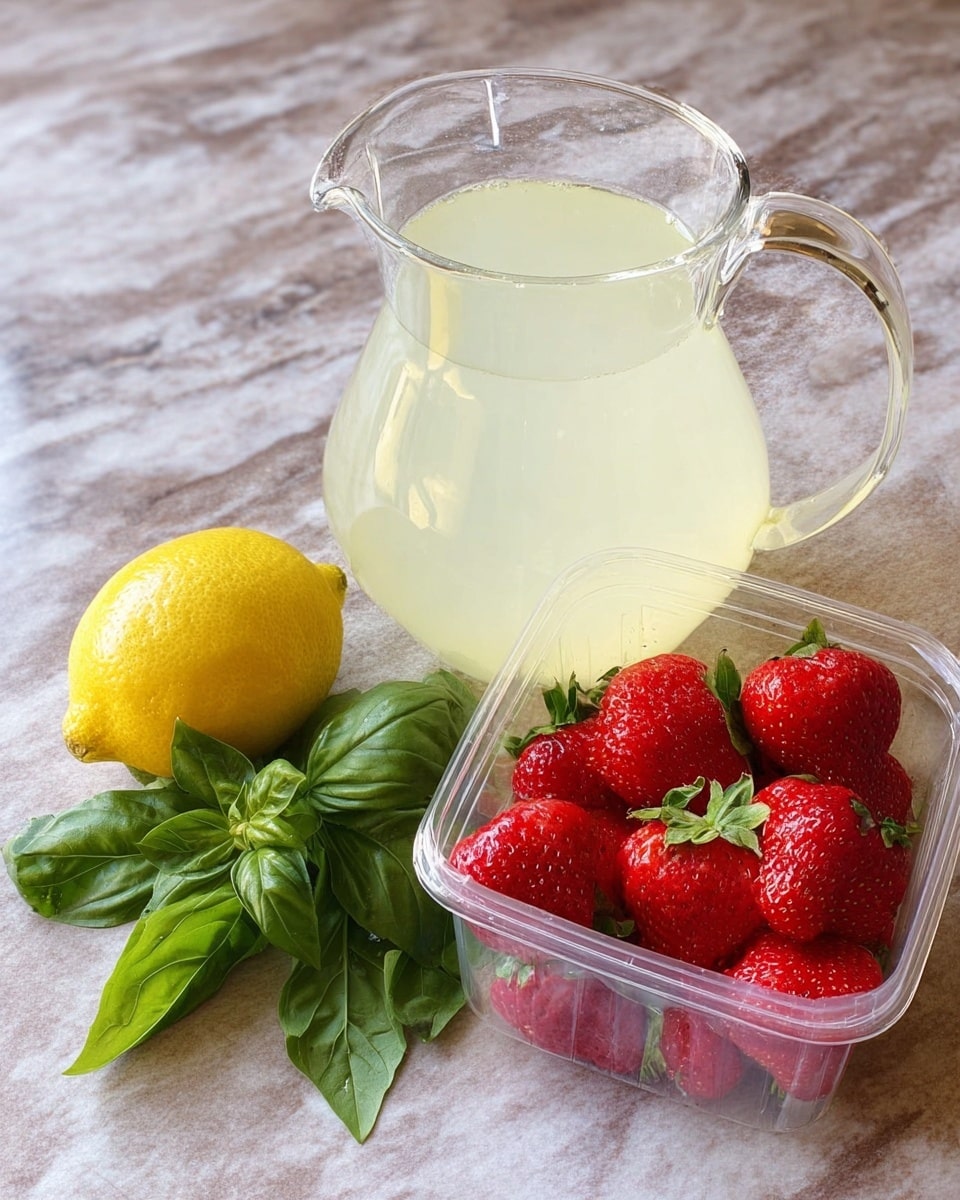 The image shows a clear glass pitcher filled almost to the top with pale yellow lemonade, sitting next to a bright yellow lemon, fresh green basil leaves, and a clear plastic container full of fresh, red strawberries with green tops. All items are placed on a white marbled surface, which contrasts with the vibrant colors of the fruits and leaves. Photo taken with an iphone --ar 4:5 --v 7