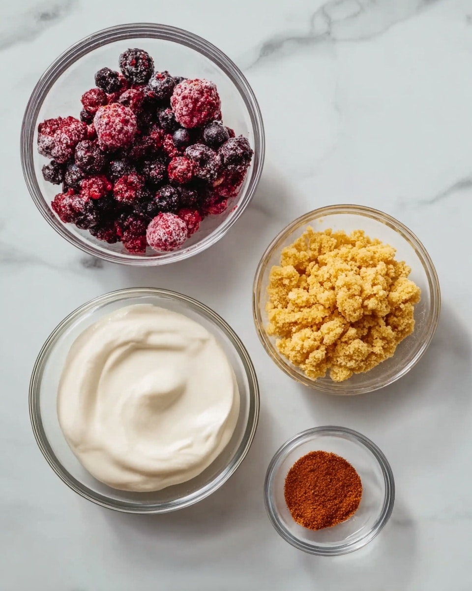 The image shows four clear glass bowls placed on a white marbled surface. The largest bowl contains a mix of red and dark purple frozen berries with visible texture and frost. Next to it is a bowl filled with a smooth, creamy white substance that looks thick and soft. Above these two bowls is a smaller one filled with small golden crunchy pieces, giving a rough and crumbly texture. The smallest bowl holds a tiny amount of a fine reddish-brown powder. All bowls have a clear, shiny glass look and are positioned with good spacing between them. Photo taken with an iphone --ar 4:5 --v 7
