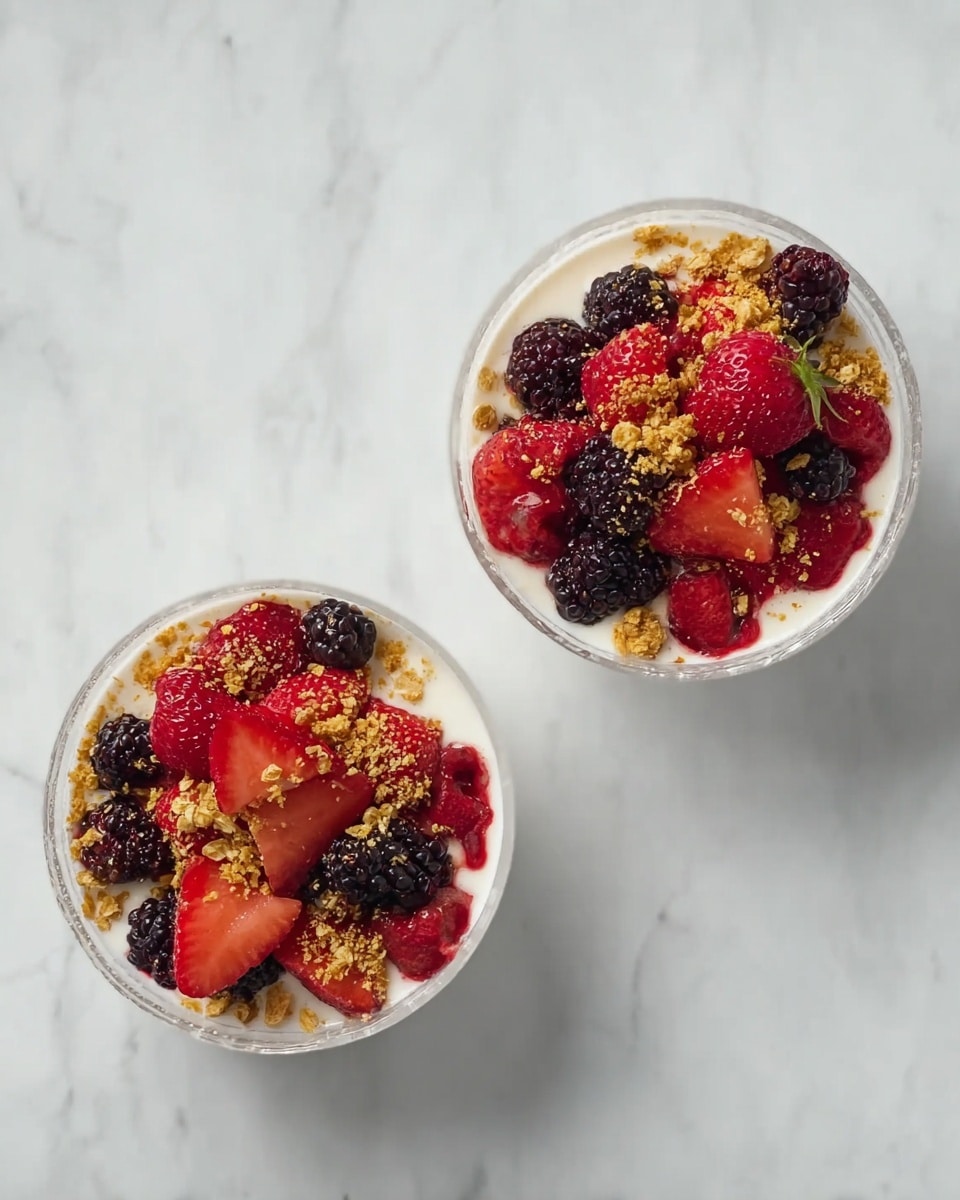 Two white glass bowls are placed on a white marbled surface. Each bowl is filled with a creamy white base layer, topped with a layer of bright red and dark mixed berries including strawberries and blackberries. The berries are scattered evenly and sprinkled with small golden crumb pieces, adding texture and color contrast to the bowls. The overall look is fresh and vibrant with a mix of smooth and crumbly textures. Photo taken with an iphone --ar 4:5 --v 7
