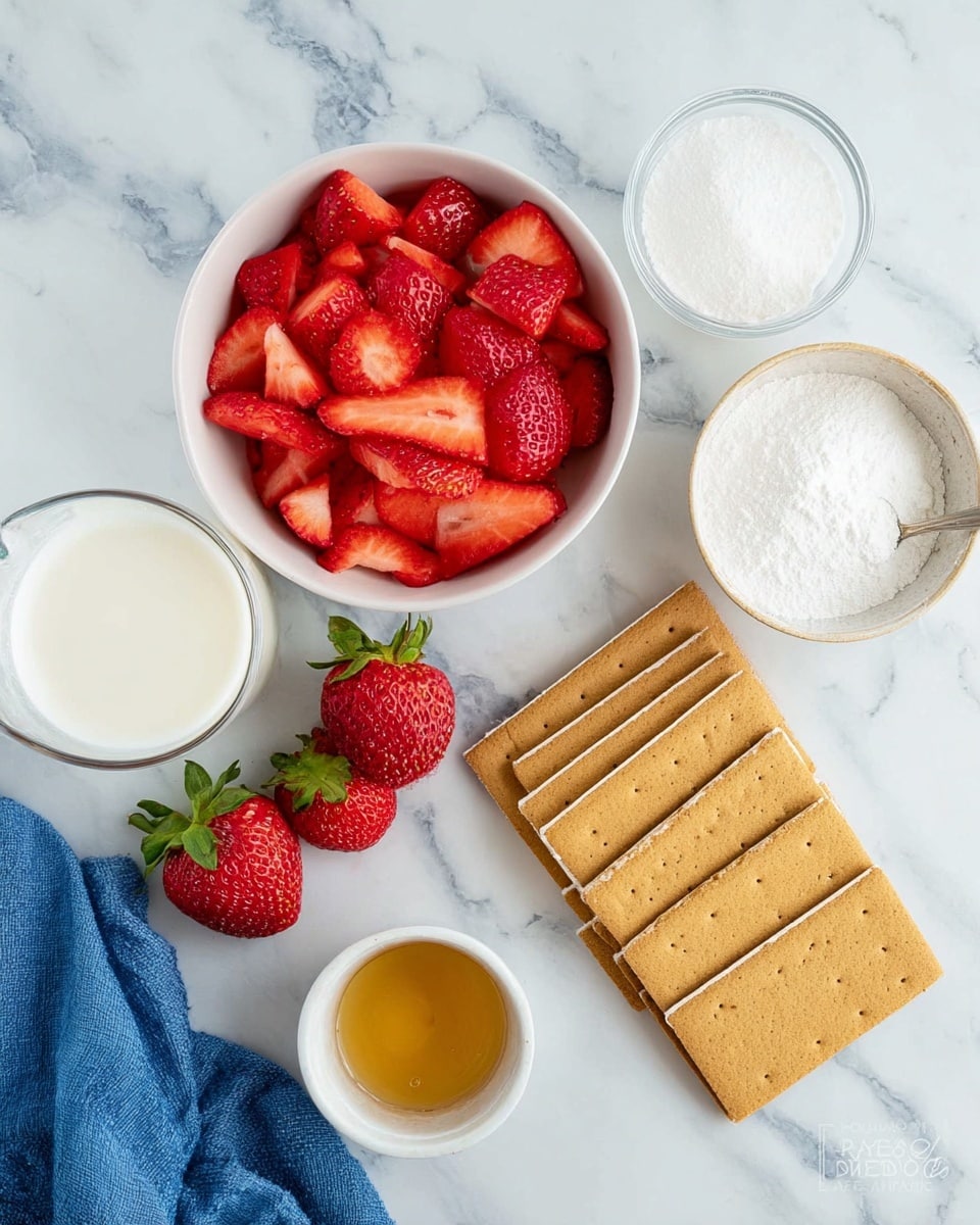 The image shows ingredients arranged neatly on a white marbled surface for making a layered strawberry dessert. There is a white bowl filled with fresh red strawberry halves at the top center. To the right of it is a smaller white bowl containing white powdered sugar. Below the bowls, there is a row of eight light brown rectangular graham crackers lined up horizontally. On the left side, three whole strawberries with green tops sit next to a glass of creamy white milk. A small white cup with a golden liquid, likely vanilla or syrup, is placed on the right bottom side. A blue cloth is partly visible at the bottom left corner. Photo taken with an iphone --ar 4:5 --v 7