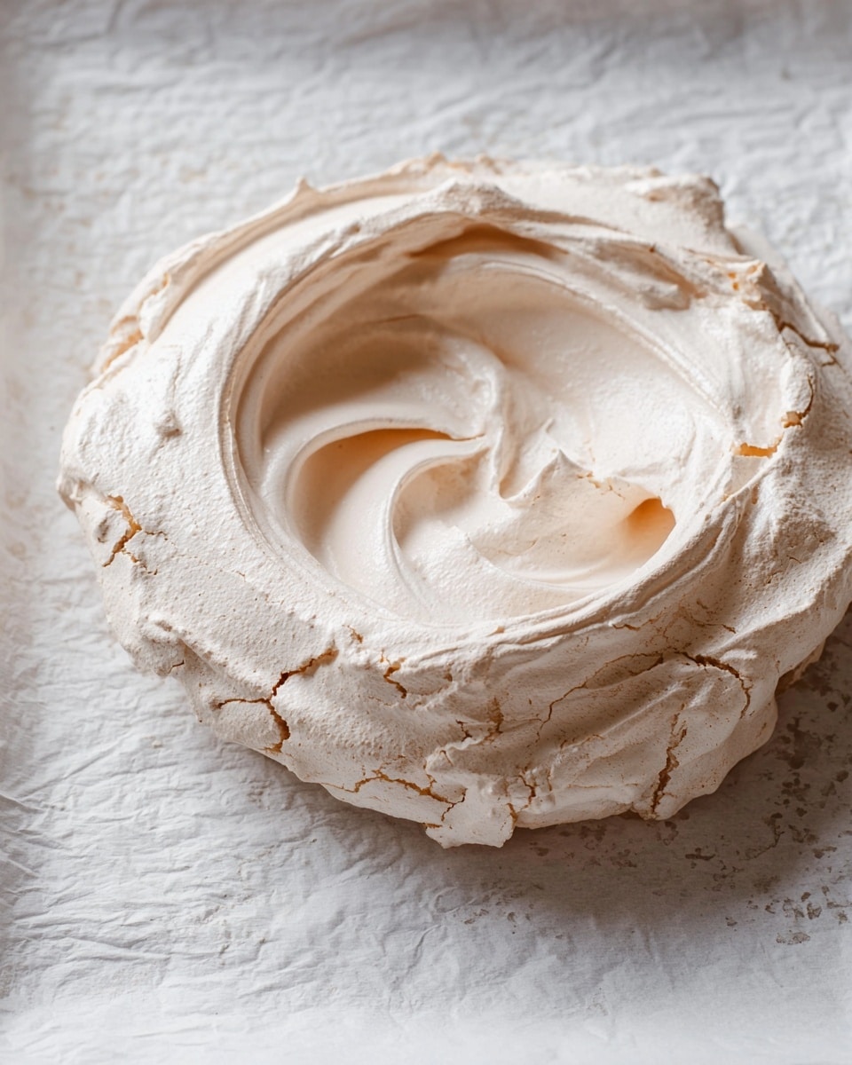 The image shows a single large meringue on white parchment paper placed on a baking sheet. The meringue is light beige and has a rough, cracked texture on the outside edges with some cracks running into the center. It is shaped with a thick, raised outer ring, creating a shallow hollow center with smooth swirls and soft peaks visible in the middle. The background is a white marbled texture with natural light highlighting the delicate crisp surface of the meringue. Photo taken with an iphone --ar 4:5 --v 7
