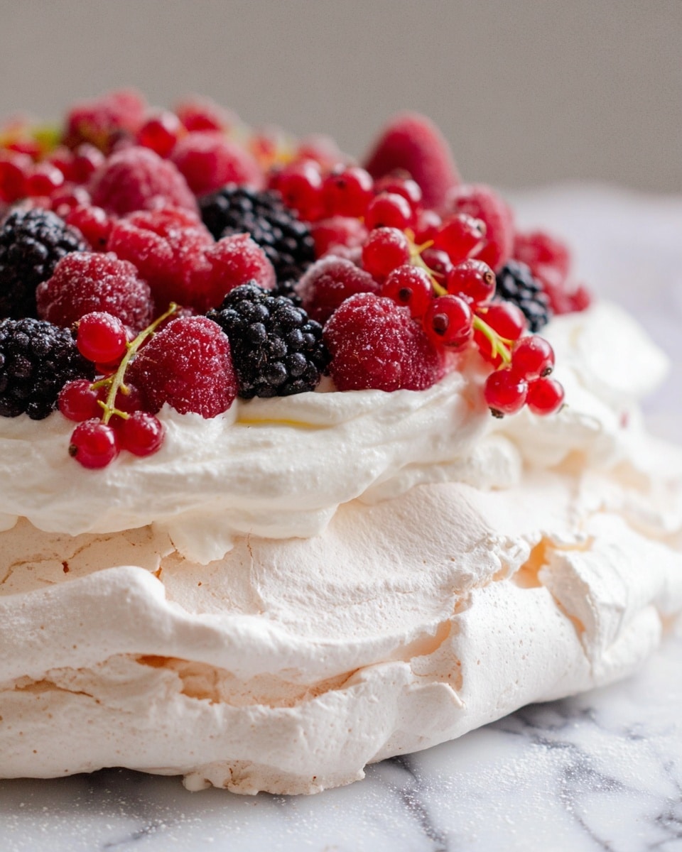 The image shows a pavlova dessert with three clear layers. The bottom layer is a large, thick, off-white meringue base with a rough and slightly cracked texture. The middle layer is a fluffy, smooth white whipped cream spread over the meringue. The top layer consists of a mix of fresh red raspberries, black blackberries, and some small red currants scattered evenly over the whipped cream. The dessert is placed on a white marbled surface. The focus is on the front side of the pavlova, showing the textures in detail. Photo taken with an iphone --ar 4:5 --v 7