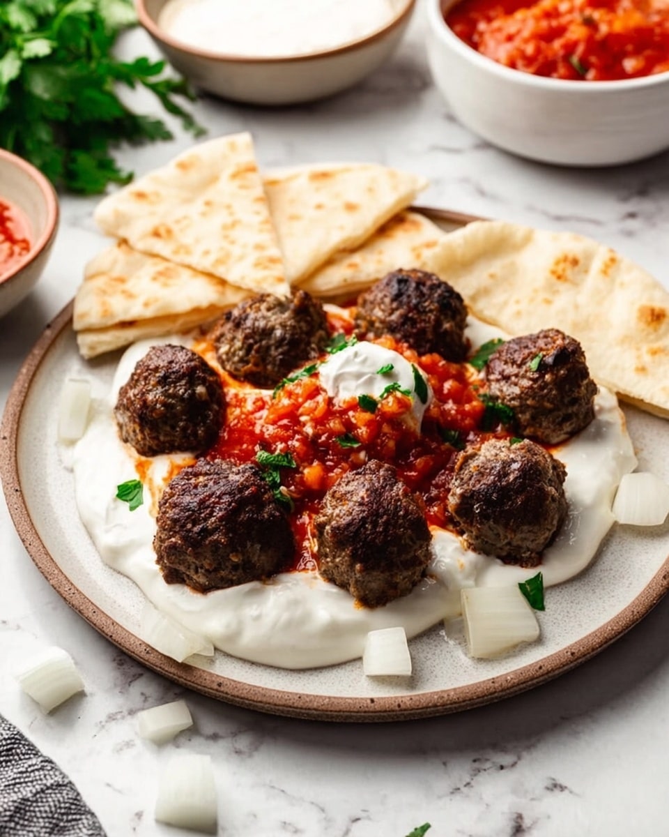 The image shows a white round plate on a white marbled surface with several dark brown meatballs arranged around a central dollop of white yogurt or sauce, topped by a bright red sauce with visible chunks and small green herbs sprinkled on top. The meatballs have a rough texture and are surrounded by small cubes of raw white onion scattered around the plate. Two folded pieces of light beige flatbread rest behind the meatballs on the same plate. In the background, there are two white bowls, one filled with the same red sauce and the other empty or with a light-colored sauce. A small bunch of fresh green herbs is partially visible on the left side. photo taken with an iphone --ar 4:5 --v 7