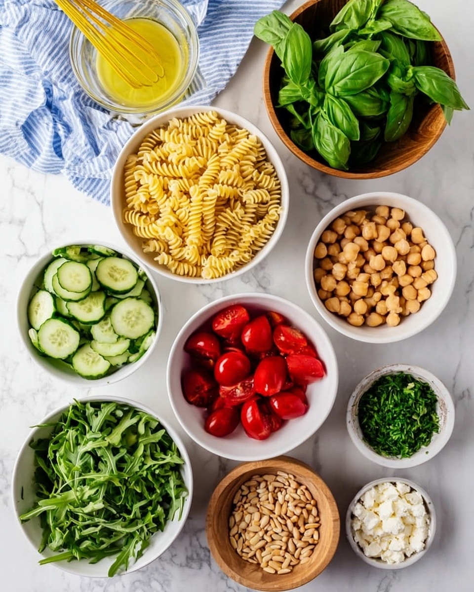 The image shows an overhead view of several small white bowls arranged neatly on a white marbled surface, each filled with fresh ingredients. In the top left is a small glass bowl of yellow dressing with a yellow whisk inside. Below it is a wooden bowl filled with large green basil leaves. Next to this, moving right, is a white bowl full of fusilli pasta, pale yellow with a slightly rough texture. Below the pasta is another white bowl packed with sliced cucumber pieces, deep green with white centers. To the left is a small white bowl filled with finely chopped green herbs. In the center is a white bowl holding bright red cherry tomatoes, some halved to show the juicy inside. To the right of the tomatoes is a wooden bowl containing light brown chickpeas. Below the tomatoes is a small white bowl with fresh green arugula leaves. Next to it, on the right, is a white bowl with light brown pine nuts. To the left of the arugula is a small white bowl of white crumbled cheese. Everything is set on a clean white marbled tabletop, and a blue-striped cloth is partly visible in the top left corner. photo taken with an iphone --ar 4:5 --v 7