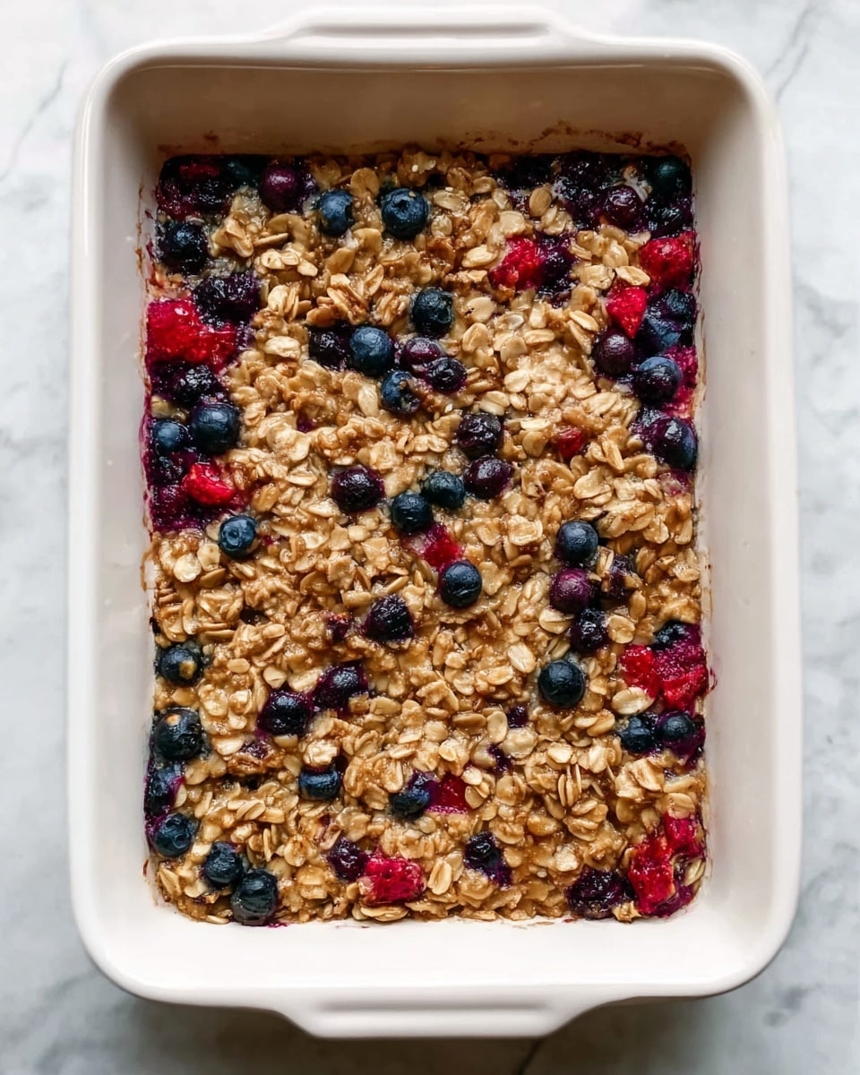 The image shows a rectangular white ceramic baking dish filled with a baked oatmeal dish. The dish has one layer composed of a textured mix of oats and small pieces of fruit, including scattered blueberries and red berries, giving it a speckled appearance with dark blue, red, and light brown colors. The oats look soft and slightly clumped together with a moist surface. The dish is set on a white marbled surface. Photo taken with an iphone --ar 4:5 --v 7