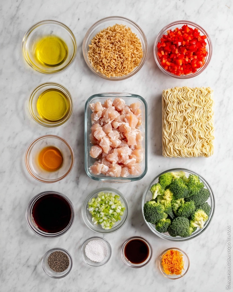 A white marbled surface holds a clear rectangular glass container filled with small pieces of raw, light pink chicken chunks in the center. Above it, from left to right, there are small clear round glass bowls containing yellow olive oil, light brown minced garlic, and bright red chopped bell peppers. To the right of the chicken is a block of uncooked pale yellow ramen noodles. Below the chicken, from left to right, small clear bowls hold dark brown thick sauce, white chopped onions, fresh green broccoli florets, brown sugar, and yellow grated ginger. Scattered around are small bowls with black and white salt and pepper, light amber liquid, and dark soy sauce, all arranged neatly on the smooth white marbled surface photo taken with an iphone --ar 4:5 --v 7