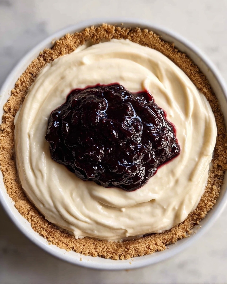 A round dessert with three layers is shown from above, sitting on a white marbled texture. The base layer is a crumbly light brown crust pressed against the sides and bottom of the dish. The middle layer is a smooth, creamy off-white filling spread evenly, with visible swirls and soft peaks. The top layer is a thick, shiny dark purple berry topping placed in the center, forming a slightly uneven mound. The dessert is in a white dish. photo taken with an iphone --ar 4:5 --v 7