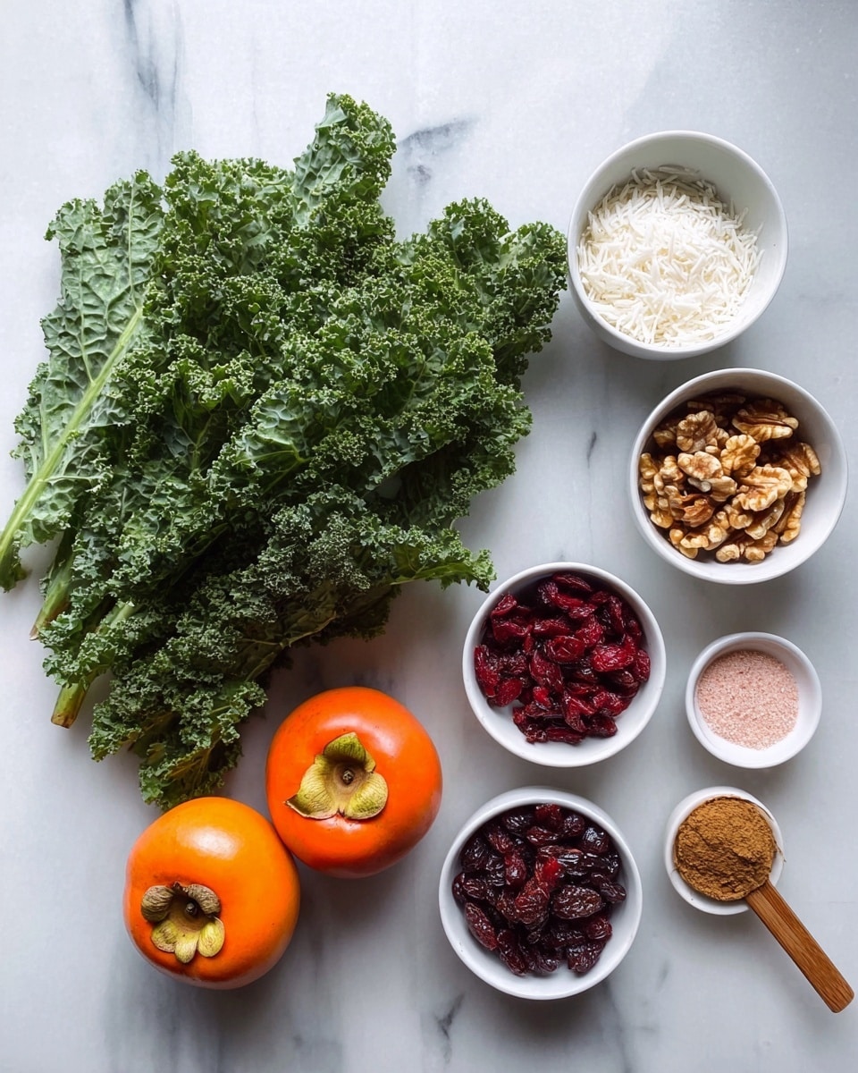 The image shows fresh green kale leaves with a curly texture placed on a white marbled surface to the left. Next to it, there are two orange persimmons, one darker and one lighter, positioned side by side. To the right are six small white bowls arranged neatly: one filled with shredded white coconut, another with small red goji berries, a third with rough walnuts, a fourth with dark red dried cranberries, and a fifth with a light pink salt. The last bowl contains a brown powder with a small wooden spoon resting inside. All items are displayed on a clean white marbled surface, photo taken with an iphone --ar 4:5 --v 7