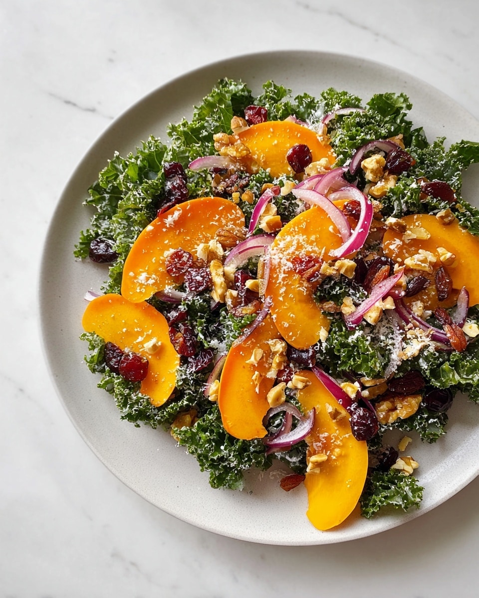 A white plate holds a fresh salad with curly green kale leaves spread as the base layer, giving a textured leafy background. On top are bright orange slices of persimmon scattered unevenly, adding smooth, shiny patches of color. Thin, light purple rings of sliced shallots are spread across, some overlapping the orange pieces. Small dark red dried cranberries and tiny red goji berries dot the salad, adding pops of color. Rough chunks of light brown walnuts are scattered throughout, providing a crunchy texture contrast. Finally, a light dusting of white grated cheese is sprinkled over everything, enhancing the visual texture. The plate sits on a white marbled surface. photo taken with an iphone --ar 4:5 --v 7