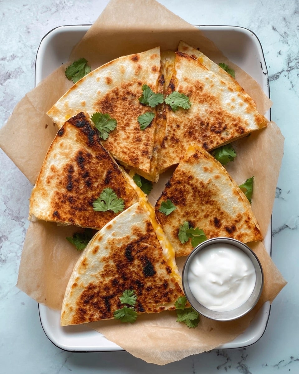 The image shows six triangular pieces of toasted quesadilla with a golden brown and slightly charred crust. The quesadillas are arranged on a parchment paper-lined white tray. Small green cilantro leaves are scattered on top and around the quesadilla pieces. In the top right corner of the tray, there is a small metal cup filled with white sour cream. The tray is set on a white marbled surface. Photo taken with an iphone --ar 4:5 --v 7
