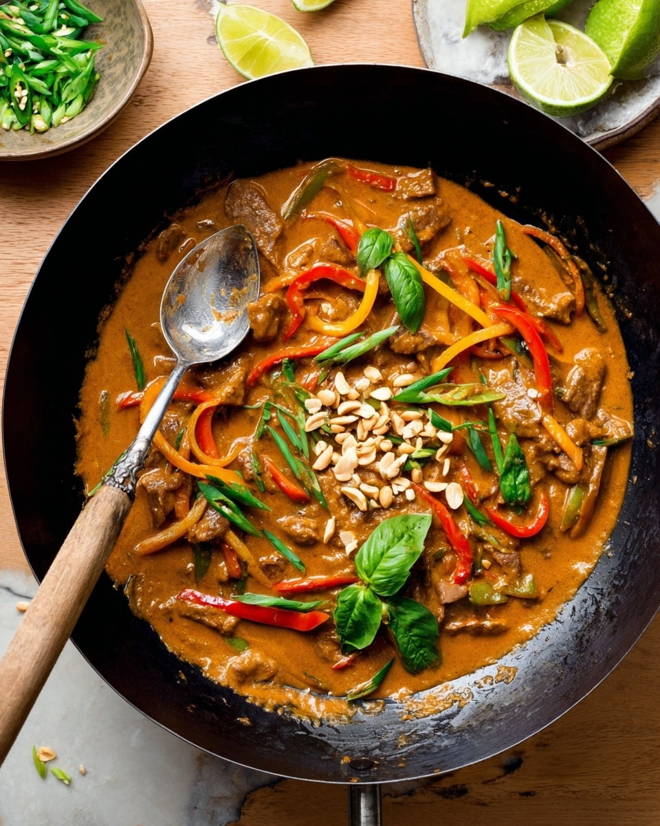 A black wok filled with a thick, orange-brown sauce covers the bottom, with thin strips of red and yellow bell peppers and small pieces of cooked meat throughout. On top, there are scattered green spring onion slices and a handful of chopped peanuts near the center. Fresh green basil leaves rest on the right side and bottom left side of the sauce. A silver spoon with a wooden handle lies inside the wok on the left side. The wok is placed on a wooden table with lime wedges and a small bowl filled with chopped green chilies nearby. The surface under everything is a white marbled texture photo taken with an iphone --ar 4:5 --v 7
