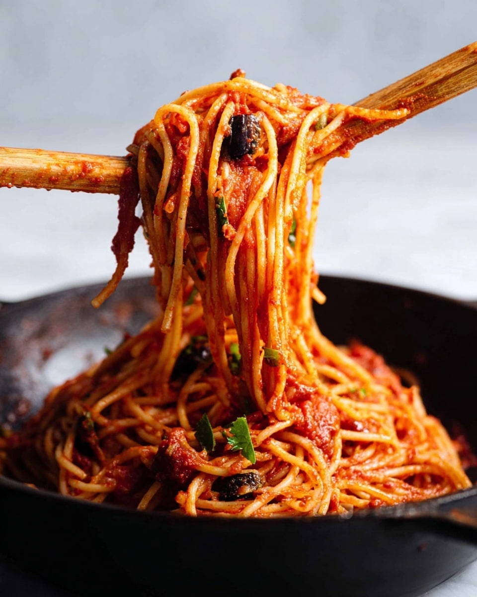 The image shows a bundle of spaghetti coated in a rich red tomato sauce being lifted with two wooden spoons from a black pan. The spaghetti strands are long and mixed with small pieces of green herbs and black olives, adding texture and color contrast. The background is plain with soft lighting focusing on the pasta, and the pan sits on a white marbled surface. The sauce glistens slightly, and the arrangement highlights the movement of the noodles being picked up. Photo taken with an iphone --ar 4:5 --v 7