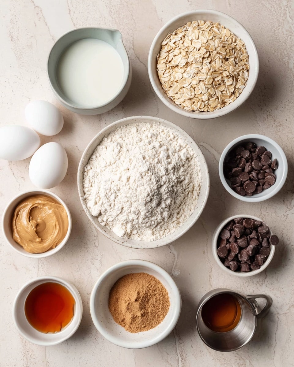 The image shows several ingredients in separate white bowls and dishes arranged on a white marbled surface. In the center, there is a large white bowl filled with white flour. Around it, starting from the top right corner, is a white bowl filled with light beige rolled oats, and next to it on the left is a white cup with milk. On the left side near the top are two whole white eggs. Below the eggs, there is a small white dish holding a tan brown powder and white baking powder or salt. Below the flour bowl and to the left is a small white bowl with creamy, light brown peanut butter. To the right of the peanut butter bowl is a white bowl filled with dark brown chocolate chips. Below these bowls, on the bottom right corner, is a small metallic cup with a dark amber liquid, and to the left of it is a white bowl with a clear liquid. At the bottom left is a small white bowl with a reddish-brown liquid. Everything is placed neatly with soft natural lighting that highlights the colors and textures of the ingredients. photo taken with an iphone --ar 4:5 --v 7