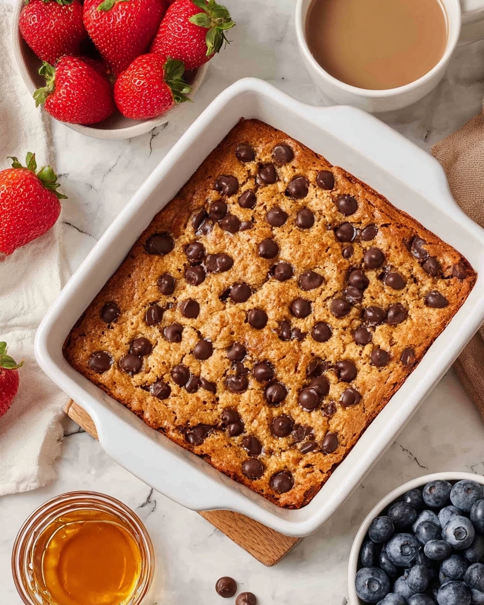 A golden brown square cookie bar is shown in a white ceramic baking dish, with a slightly crispy textured top sprinkled evenly with shiny dark chocolate chips. Around the dish, there are fresh bright red strawberries and a small white bowl filled with plump blue blueberries, adding fresh fruit colors. A small glass container with golden syrup adds a warm amber color in the bottom left, while a white cup with light brown coffee sits at the top right on a white marbled surface. The warm, cozy setup highlights the cookie bar as the main focus. Photo taken with an iphone --ar 4:5 --v 7