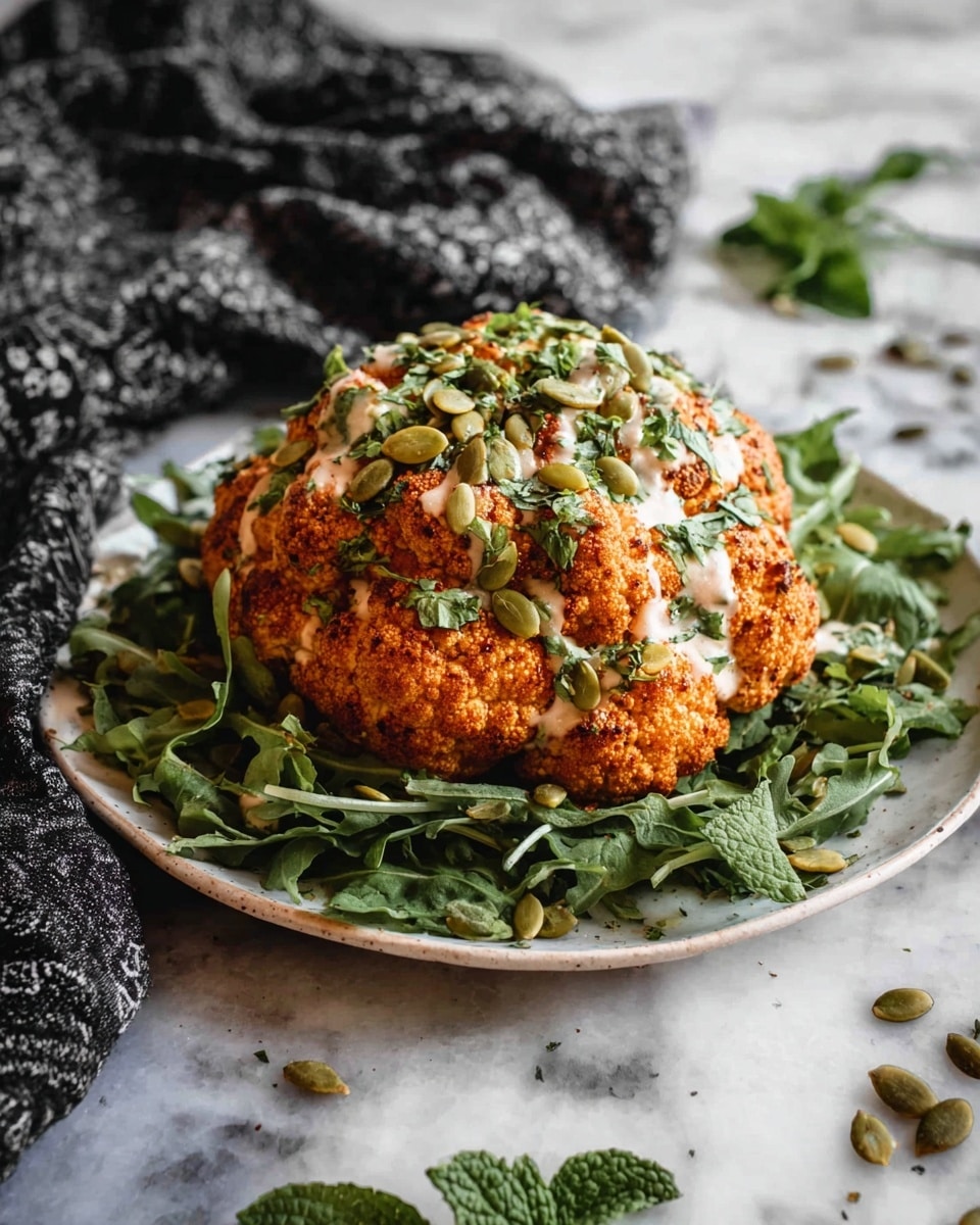 A whole roasted cauliflower is placed on top of a bed of fresh, dark green leafy arugula on a white plate. The cauliflower is a deep orange-brown color with a slightly rough texture and is drizzled with a light, creamy sauce. It is sprinkled with green pumpkin seeds and small green herb leaves, adding texture and color contrast. The plate is set on a white marbled surface with scattered pumpkin seeds and fresh mint leaves nearby. In the background, there is a dark, patterned fabric loosely draped, adding depth to the image. photo taken with an iphone --ar 4:5 --v 7