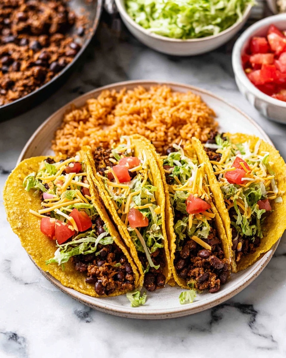 Three tacos sit side by side on a white plate filled with orange rice on the right edge. Each taco has a yellow crispy shell filled with dark brown cooked meat mixed with black beans, topped with shredded light green lettuce, small red tomato cubes, and thin orange shredded cheese. The plate is on a white marbled surface with a pan of cooked meat and black beans in the top left, a bowl of red tomato cubes in the bottom left, and shredded lettuce visible in the bottom right corner. Photo taken with an iphone --ar 4:5 --v 7