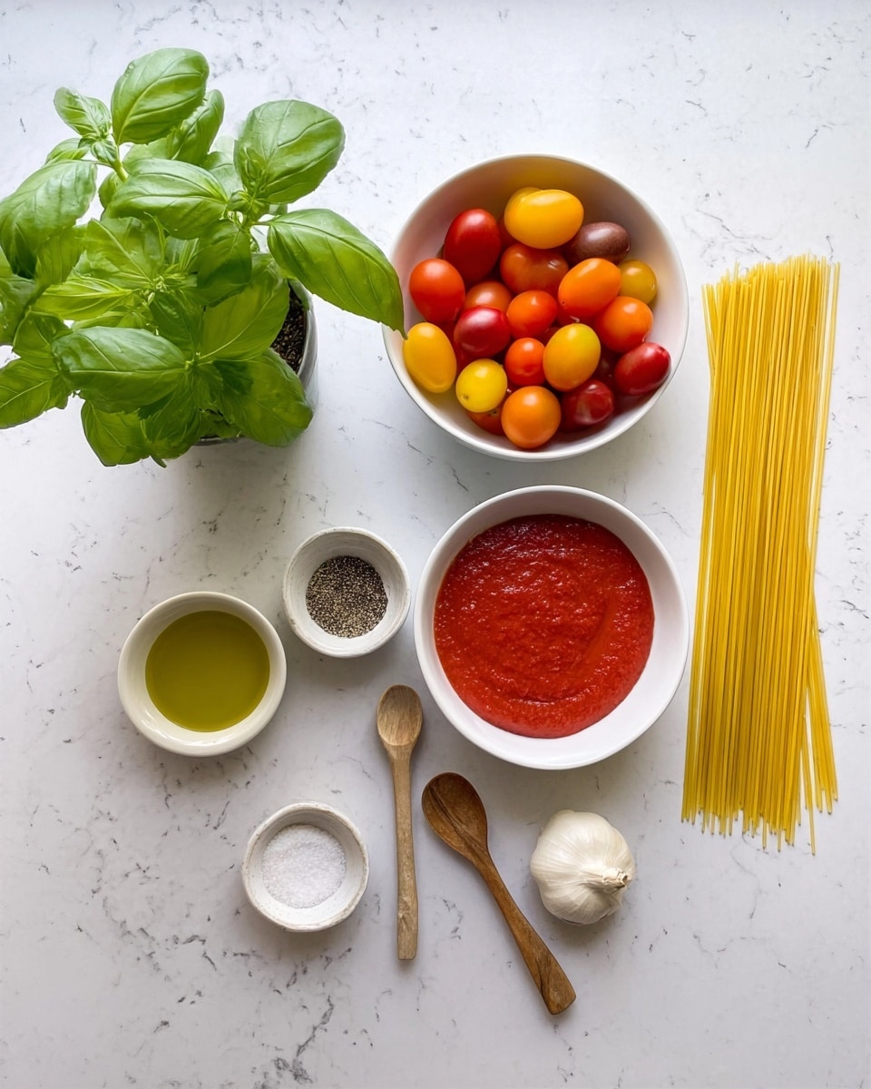 This image shows several ingredients arranged neatly on a white marbled surface. On the left, there is a fresh green basil plant with vivid leaves. Moving right, there is a white bowl filled with colorful small oval tomatoes in red, yellow, and orange shades. Below it, a white bowl holds a smooth red tomato sauce. To the right, two small white bowls contain ground black pepper and salt, each with a small wooden spoon inside. Next is a small clear glass with golden olive oil, followed by a whole garlic bulb. Finally, on the far right side, uncooked long yellow spaghetti pasta is laid out in a straight, slightly curved stack. Photo taken with an iphone --ar 4:5 --v 7