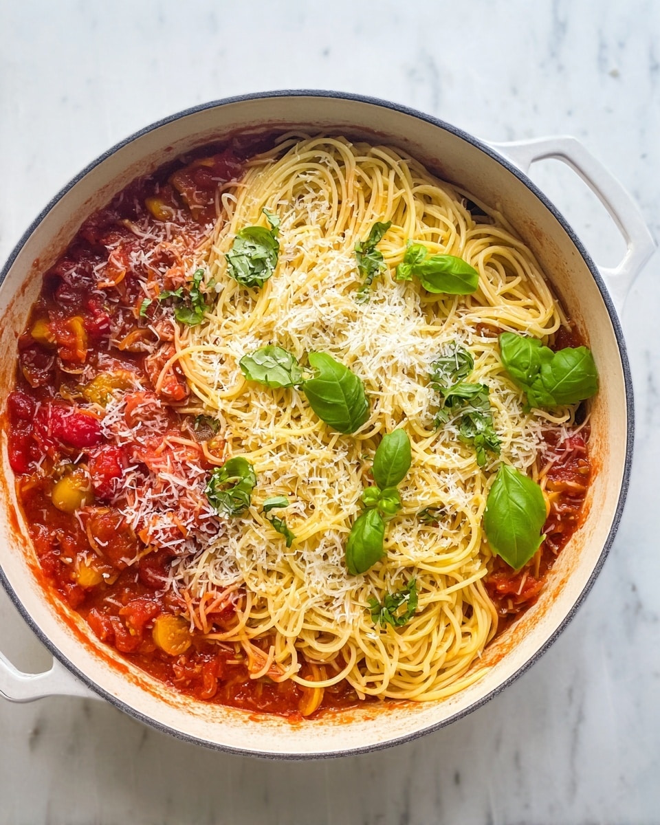 A large white pan holds a colorful spaghetti dish with three main layers: at the bottom, a thick, bright red tomato sauce covers the base; on top, light yellow spaghetti noodles are mixed in with chunks of red and yellow tomatoes and bits of green herbs; the top layer features grated white cheese sprinkled evenly and fresh green basil leaves placed around, adding a fresh contrast. The pan sits on a white marbled surface, showing the handle on the left side. photo taken with an iphone --ar 4:5 --v 7