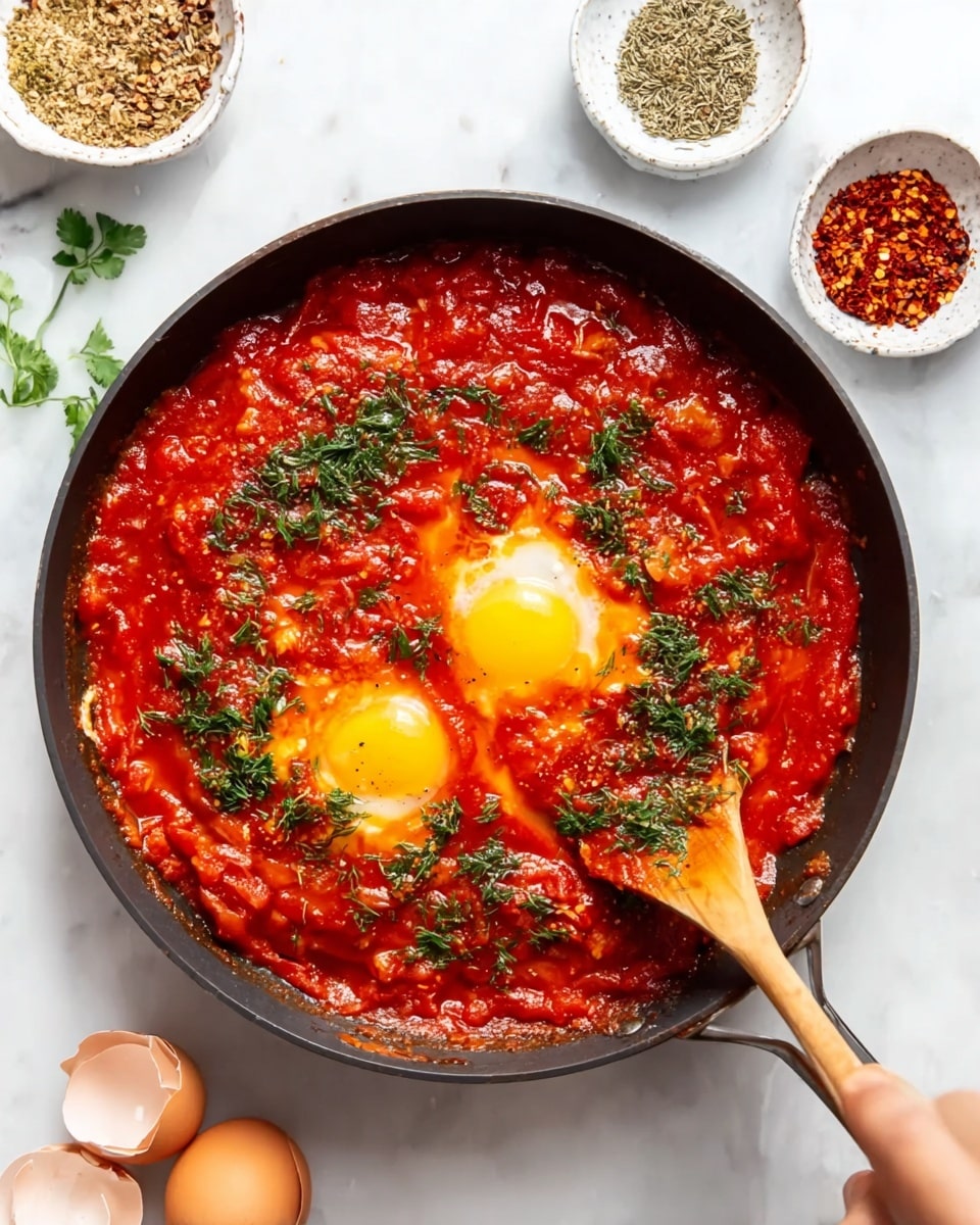 A black skillet filled with a thick, bright red tomato sauce mixed with chopped green leaves, with two raw egg yolks placed near the center on top of the sauce, a woman's hand holding a wooden spoon stirring the sauce at the bottom right of the skillet. The surface beneath the skillet is white with a marbled texture. Two small white bowls near the top hold dry spices, one with red chili flakes and the other with dried herbs, and a white bowl with four brown eggs and broken eggshells is partly visible at the bottom left. photo taken with an iphone --ar 4:5 --v 7