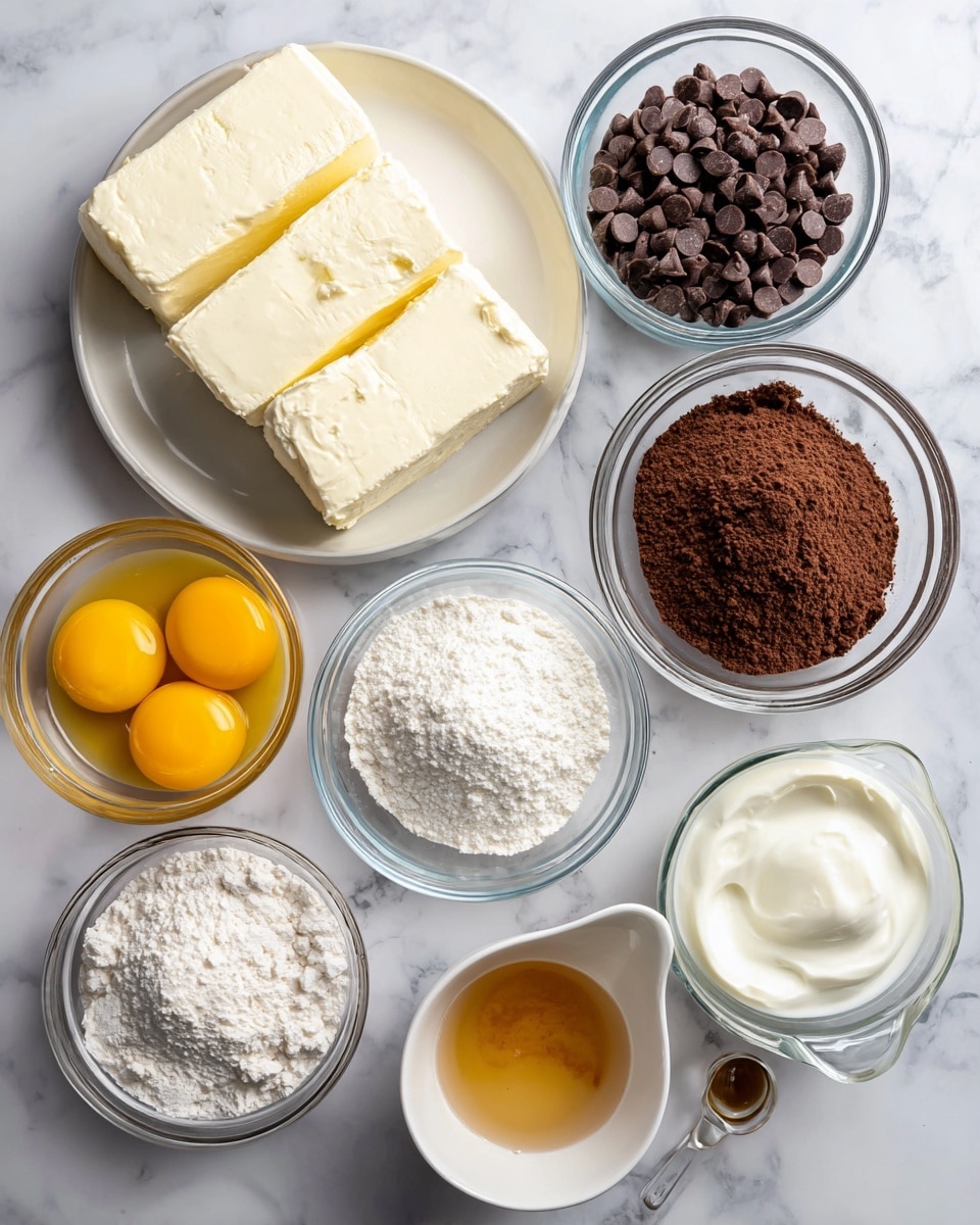 The image shows several ingredients for baking arranged neatly on a white marbled surface. There is a white plate holding three thick blocks of smooth, creamy white cream cheese on the left side. Surrounding the plate are clear glass bowls filled with different ingredients: dark brown chocolate chips, light brown powdery brownie mix, white granulated sugar, thick white sour cream, and a small clear bowl of light yellow cooking oil. Two bowls hold eggs cracked open, showing bright yellow yolks and clear whites. A small white dish contains a light brown vanilla liquid. Lastly, a clear measuring cup holds water. Each ingredient is clearly visible and separated, placed in a loose circle pattern. Photo taken with an iphone --ar 4:5 --v 7
