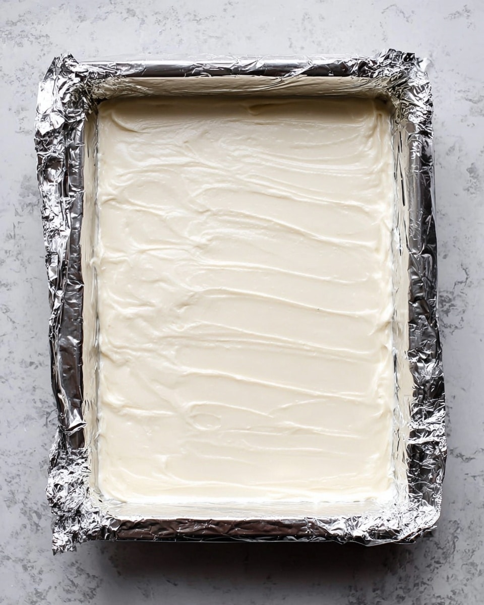 A rectangular baking pan lined with shiny silver foil holds a smooth, thick layer of white cream cheese mixture spread evenly across the entire pan, with visible soft swirl marks on the surface. The pan is set on a white marbled texture background, highlighting the clean and creamy texture of the layer inside. Photo taken with an iphone --ar 4:5 --v 7