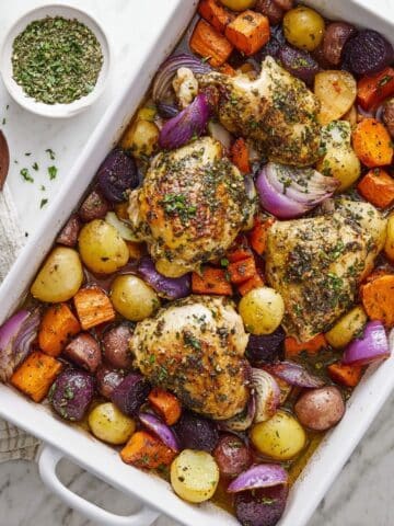 Roasted Chicken Thighs with Carrots, Potatoes, and Herbs Recipe