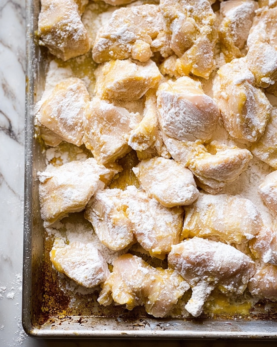 The image shows many chunks of raw chicken covered mostly in a light coating of white flour, arranged closely on a metal baking tray. The chicken pieces appear pale yellow under the flour, with a soft and uneven texture typical of raw meat, and their shapes vary in size and thickness. The baking tray has some brown spots and marks, showing signs of use. The background is a white marbled texture. Photo taken with an iphone --ar 4:5 --v 7