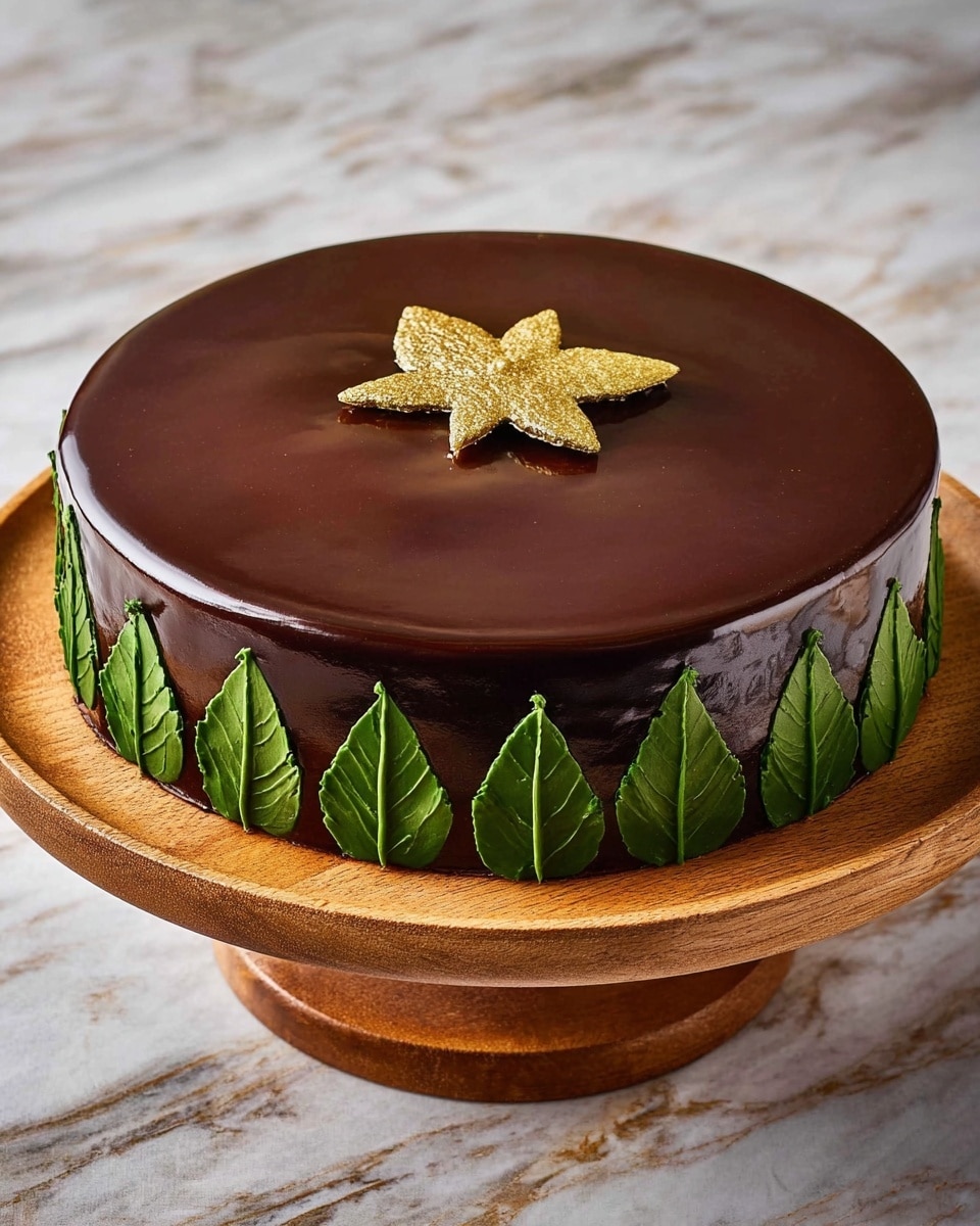 A round cake with a smooth, shiny dark chocolate glaze covering the entire surface, about three layers thick, placed on a wooden stand. Around the side of the cake, there are even-sized green leaves made from icing arranged upright, giving a fresh, natural look. On top center of the cake, there is a gold star-shaped decoration with a slightly rough texture. The whole scene is set on a white marbled surface. Photo taken with an iphone --ar 4:5 --v 7