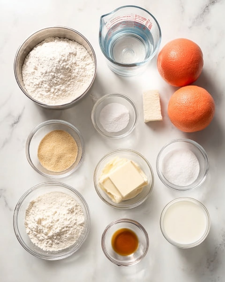 The image shows a white marbled surface with multiple clear and metal bowls neatly arranged, holding various baking ingredients. Starting from the top left, there is a metal bowl filled with white flour, next to a clear measuring cup filled with water. On the right side, two whole grapefruits sit side by side. Below them, a small white stick of butter is placed beside a small, white square of cream cheese. There is a small glass bowl of white sugar, a slightly larger glass bowl of light brown sugar, a small bowl with light brown yeast granules, and a glass of white milk. A tiny bowl has vanilla extract, and another small clear bowl is empty or contains a light powder. Everything is organized neatly on the white marbled background. Photo taken with an iphone --ar 4:5 --v 7