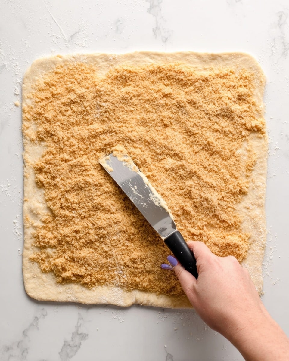 A flat, roughly square dough sheet with a pale, smooth base layer, slightly thicker at the edges, is spread with a coarse, light brown crumbly layer on top. A woman's hand with light purple nail polish holds a metal spatula with a black handle, pressing and spreading the crumbly layer across the dough. The scene is set on a white marbled surface that has light grey veins, creating a clean and bright backdrop. photo taken with an iphone --ar 4:5 --v 7