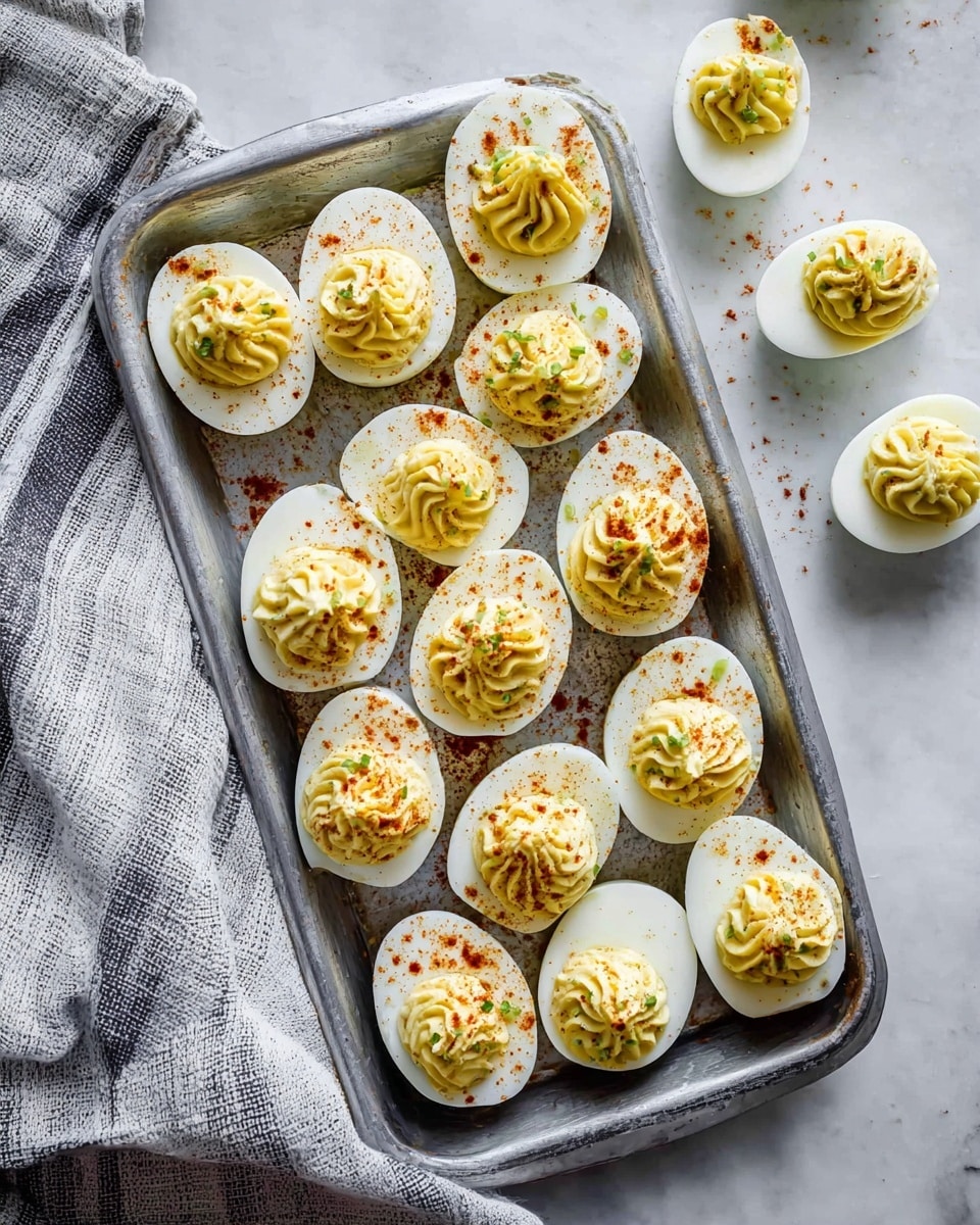 The image shows a metal tray filled with about fifteen deviled eggs, each with two layers: the bottom egg white layer is smooth and bright white, while the top layer is a piped swirl of creamy yellow yolk mixture with small green herb bits inside. Some eggs on the tray are sprinkled lightly with red paprika powder. Around the tray on the white marbled surface are four more deviled eggs spaced out, also sprinkled with paprika. A gray and white striped cloth is draped casually on the left side of the tray. photo taken with an iphone --ar 4:5 --v 7