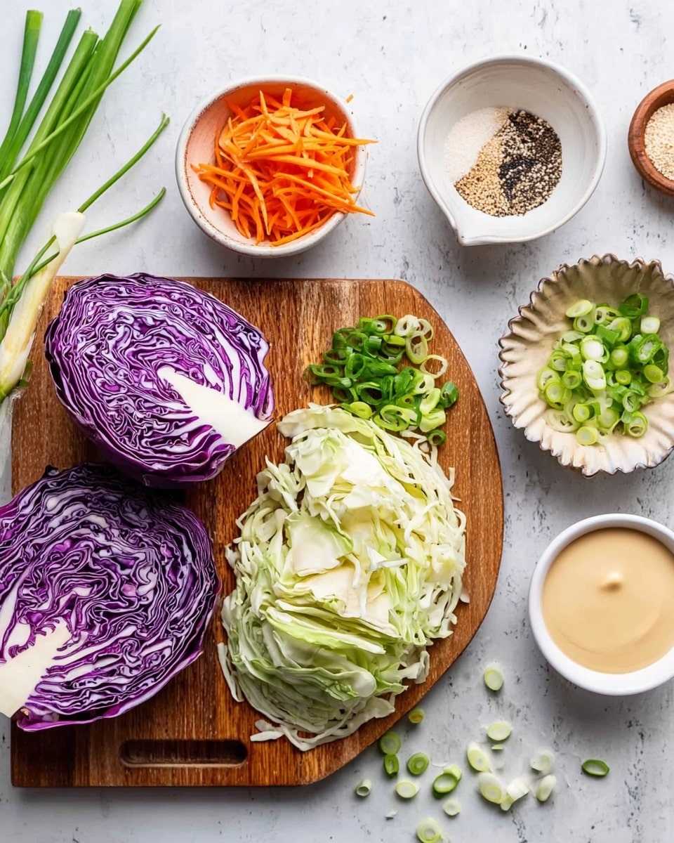 The image shows a wooden cutting board placed on a white marbled surface with two halves of cabbage, one purple and one green, positioned on the left side. On the board, next to the cabbage halves, are thin slices of both purple and green cabbage along with a chopped green onion and a whole green onion on top. Surrounding the board are small white bowls containing different ingredients: one with shredded orange carrots, one with a smooth light beige mustard-like sauce, one with a light brown liquid, one with creamy white mayonnaise, and a scalloped bowl holding salt, pepper, and fennel seeds. There are scattered slices of green onion on the white marbled surface around the board, photo taken with an iphone --ar 4:5 --v 7