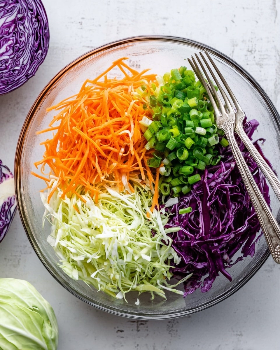 The image shows a round clear glass bowl with four layers of shredded vegetables arranged in sections inside it. At the bottom left, there is a pile of pale green shredded cabbage with a soft texture. At the top left, orange shredded carrots with thin stick-like shapes form the second layer. At the bottom right, deep purple shredded cabbage with some white veins is the third section. On top of the cabbage and carrots, bright green cut spring onions are spread evenly. Two silver vintage forks rest inside the bowl on the right side. The bowl sits on a white marbled surface, with partial heads of purple and green cabbage visible on the top left and bottom left outside the bowl. Photo taken with an iphone --ar 4:5 --v 7