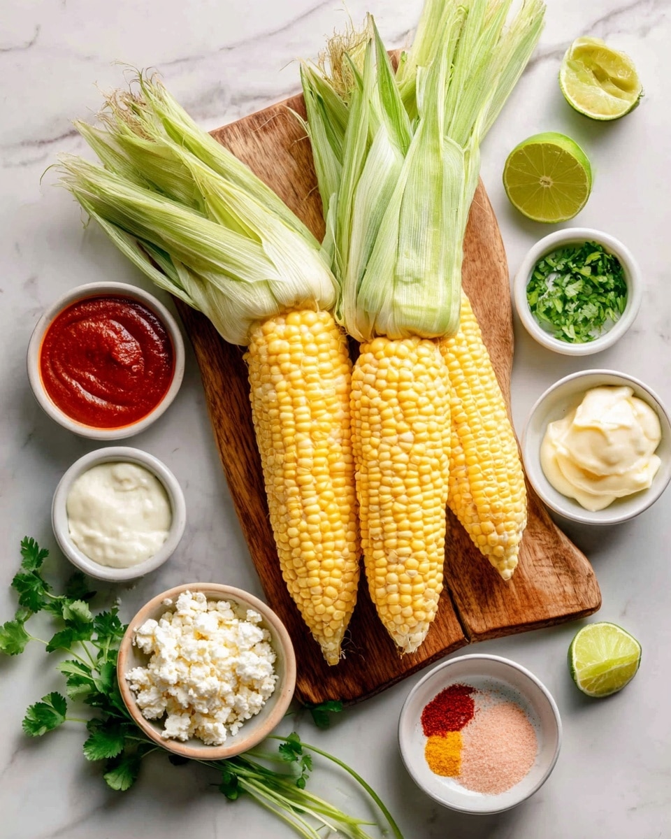The image shows three ears of sweet corn with light yellow kernels and partially peeled green husks, resting on a wooden board placed on a white marbled surface. Surrounding the corn are small white bowls containing bright red adobo sauce, white cotija cheese with a crumbly texture, light green lime juice, orange-red chili powder, creamy white mayo, a pale yellow avocado oil, white sour cream, pink salt, and finely chopped green cilantro. There are also two lime wedges next to a woman's hand holding one wedge near the corn. photo taken with an iphone --ar 4:5 --v 7