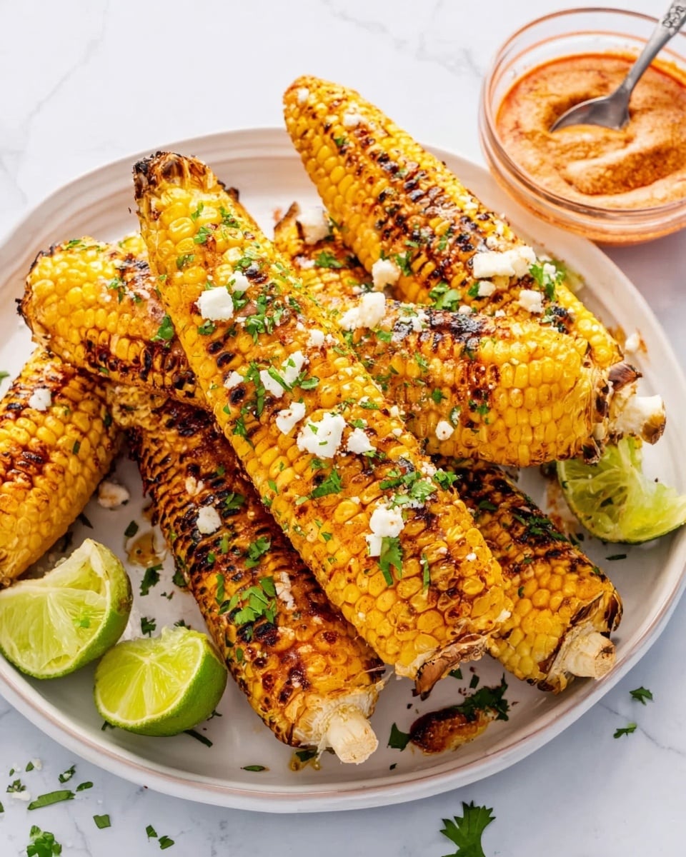 The image shows a white plate filled with several pieces of grilled corn on the cob. Each piece is golden yellow with a slight char, highlighting the grill marks and giving a textured look. The corn is sprinkled with chopped green herbs and small white crumbles that look like cheese. On the side of the plate, there are two lime wedges adding a fresh green color. Next to the plate, there is a clear glass bowl with a reddish sauce inside and a small spoon resting on the edge. The whole scene is set on a white marbled surface, showing a fresh, bright, and colorful presentation. Photo taken with an iphone --ar 4:5 --v 7