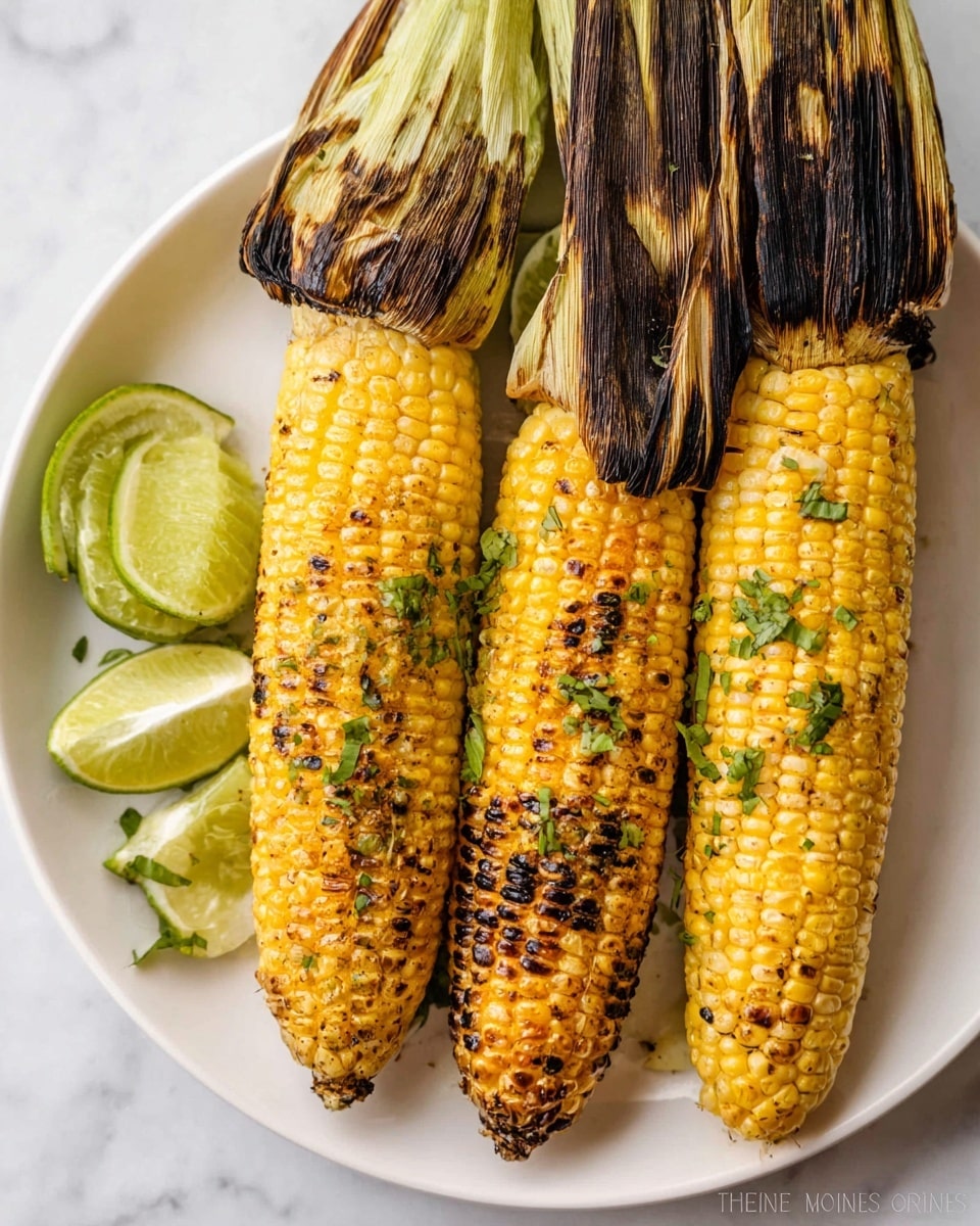 Three grilled corn ears with bright yellow kernels marked by dark grill spots sit side by side on a white plate. Each ear is topped with charred green husks tied at the top. Small pieces of green herbs are scattered over the corn. Two quarter slices of lime with pale green juice sit on the left side beside the corn. The white plate rests on a white marbled surface. Photo taken with an iphone --ar 4:5 --v 7