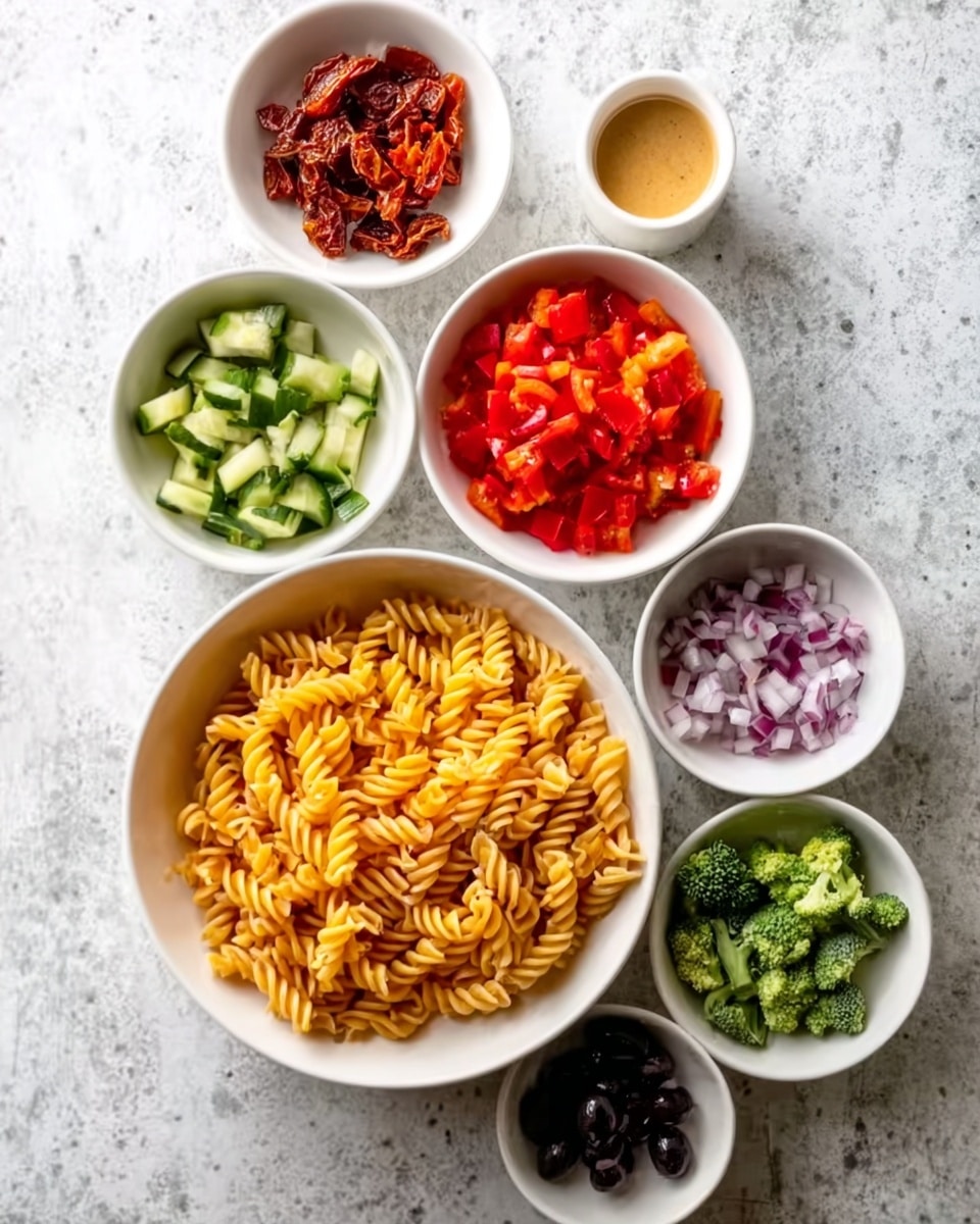A top-down view of seven small white bowls arranged on a white marbled surface. The largest bowl at the center bottom holds cooked spiral pasta mixed with small tomato pieces, with a warm orange-yellow color. Surrounding this bowl are six smaller white bowls: top right with chopped red bell peppers, middle right with chopped sun-dried tomatoes, bottom right with small green broccoli florets, bottom left with chopped cucumber, middle left with sliced black olives, and top left with finely chopped red onions. Above all, a small bowl holds a light brown sauce or dressing. The lighting is bright and even, highlighting the fresh textures. Photo taken with an iphone --ar 4:5 --v 7