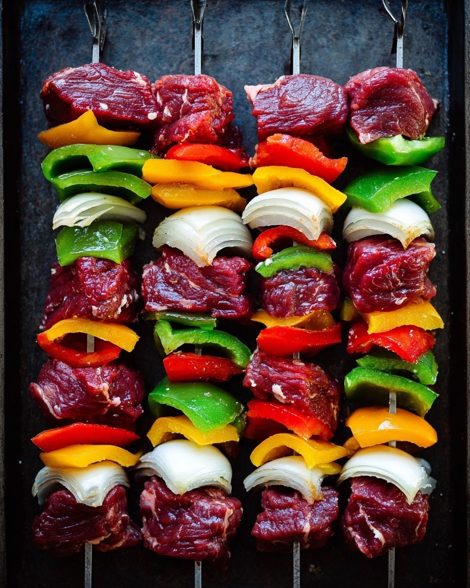 The image shows four metal skewers laid out vertically over a dark tray, each loaded with alternating layers of raw dark red meat chunks and colorful vegetables. Starting from the top of each skewer, there are pieces of red and green bell peppers, followed by white onion slices, then yellow bell pepper, and more red and green bell peppers between the meat chunks. The meat pieces are thick and have a slight marbled texture, while the vegetables are crisp and fresh with vivid colors, creating a strong contrast against the dark background. The skewers are evenly spaced, and the layout is neat and organized. photo taken with an iphone --ar 4:5 --v 7