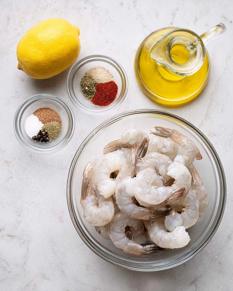 A clear glass bowl on the right side is filled with raw shrimp that are white and light gray with pinkish tails. On the left, there is a small clear glass bowl with six different spices arranged on the surface, showing colors like red, black, white, and green. Above the spice bowl, there is a bright yellow lemon next to a small clear bottle of light yellow oil with a curved spout. All items are placed on a white marbled surface. photo taken with an iphone --ar 4:5 --v 7