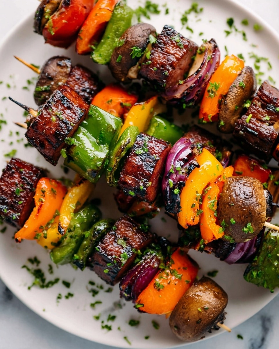 The image shows several grilled skewers arranged on a white plate on a white marbled surface. Each skewer has four layers, starting with a dark brown grilled sausage piece, followed by lightly charred green bell pepper, then a mix of orange and red bell pepper pieces with a slightly wrinkled texture, and ending with layers of purple grilled onion and browned mushrooms with a slightly crisp look. The skewers are sprinkled with finely chopped green herbs, adding a fresh contrast to the smoky grilled vegetables and meat. photo taken with an iphone --ar 4:5 --v 7
